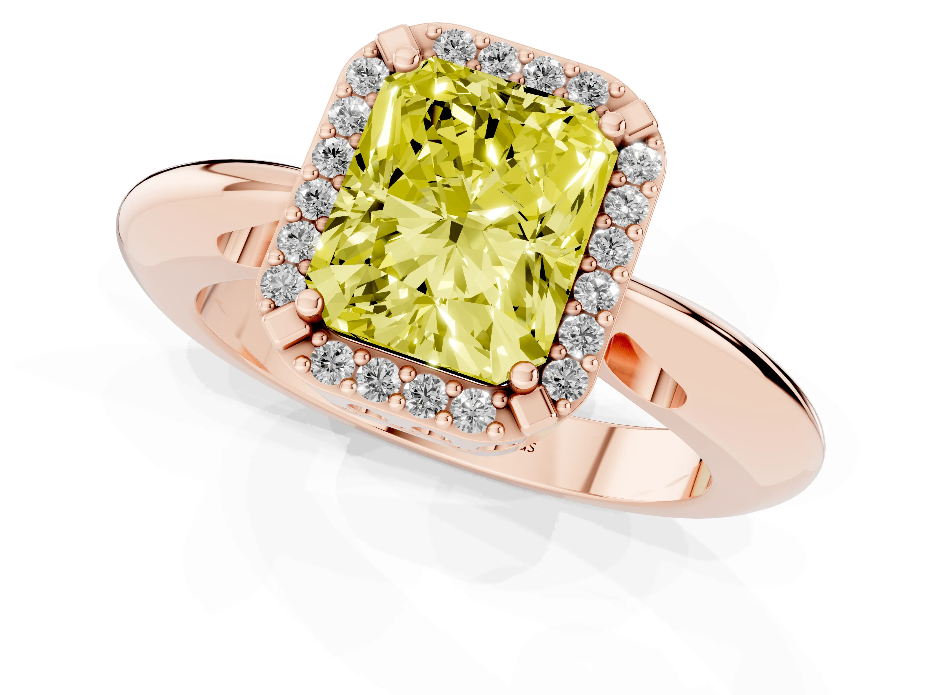 Fancy Yellow Radiant Cut Diamond Halo Engagement Ring Set in Rose gold with Plain Split Shank and Prong Setting