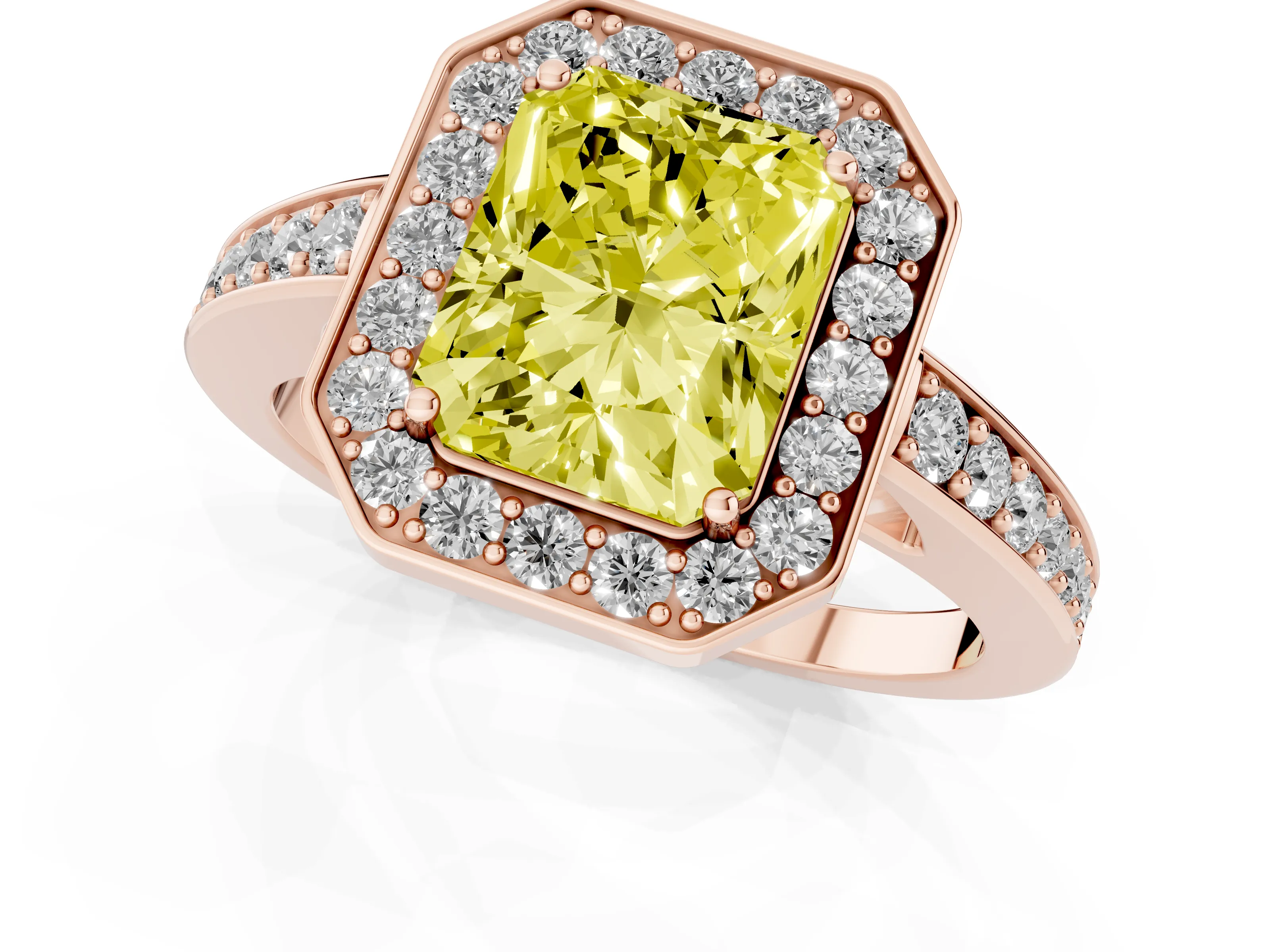 Fancy Yellow Radiant Cut Diamond Halo Pavé Engagement Ring Set in Rose gold with Bezel Setting