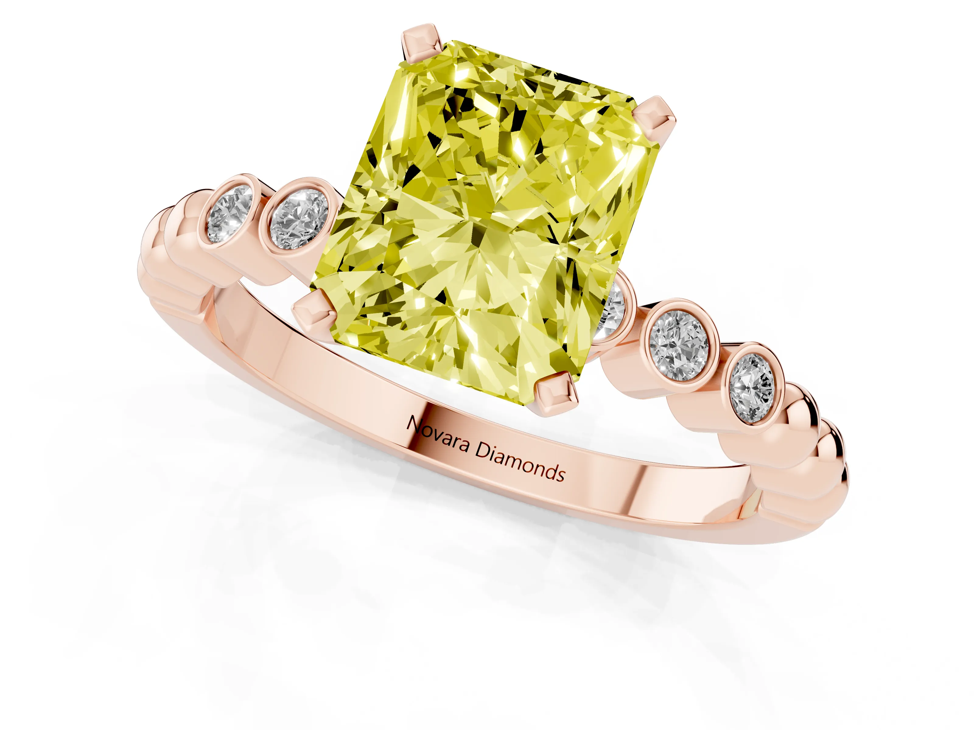 Fancy Yellow Radiant Cut Diamond Solitaire Engagement Ring Set in Rose gold with Bezel Accents on Beaded Band