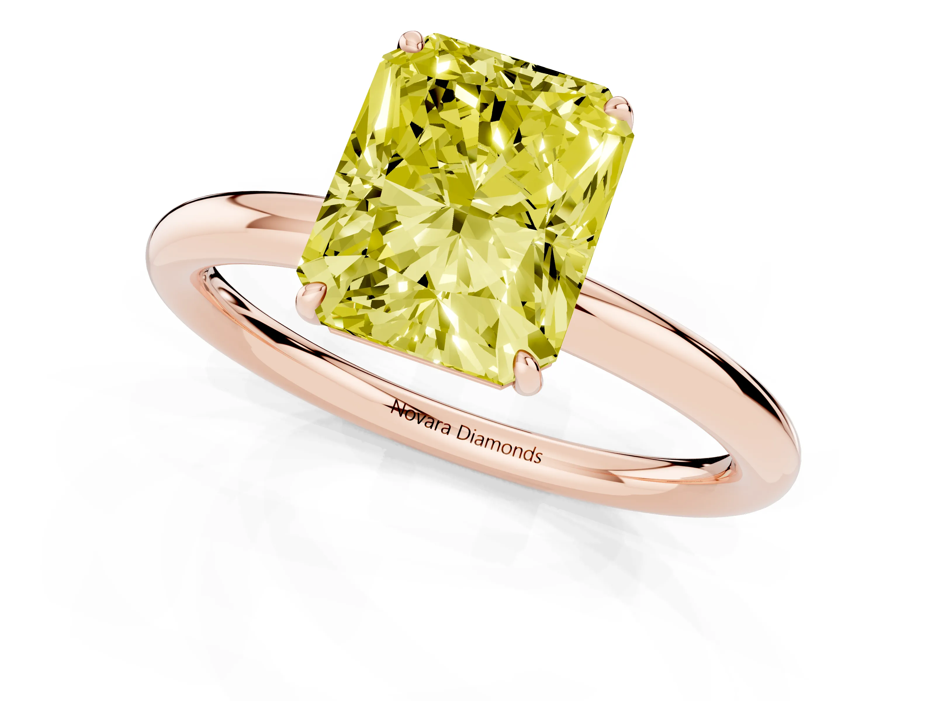 Fancy Yellow Radiant Cut Diamond Solitaire Ring Set in Rose gold with Prong Setting on a Polished Plain Band