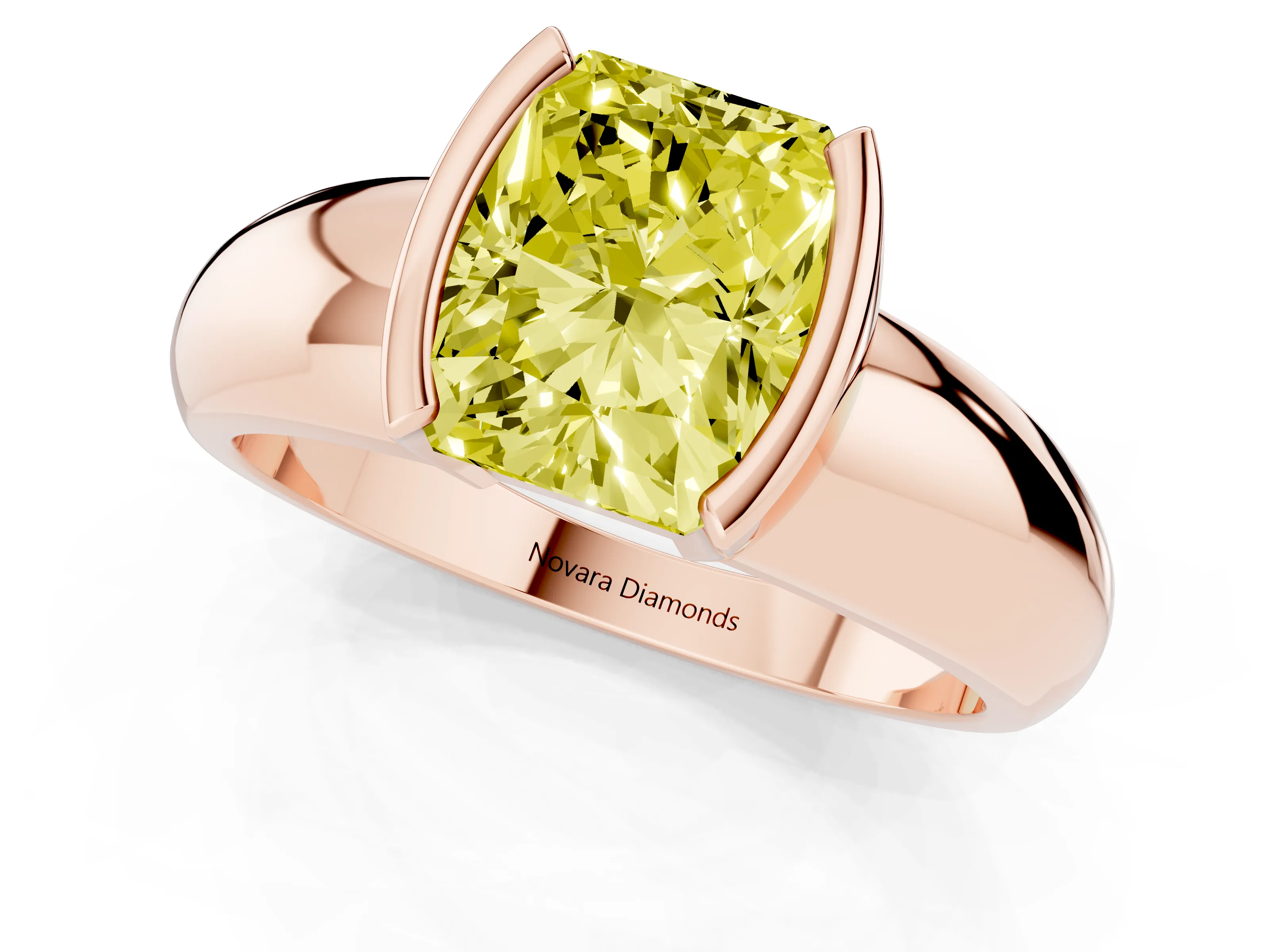 Fancy Yellow Radiant Cut Diamond Solitaire Tension Set Ring Set in Rose gold with Wide Band