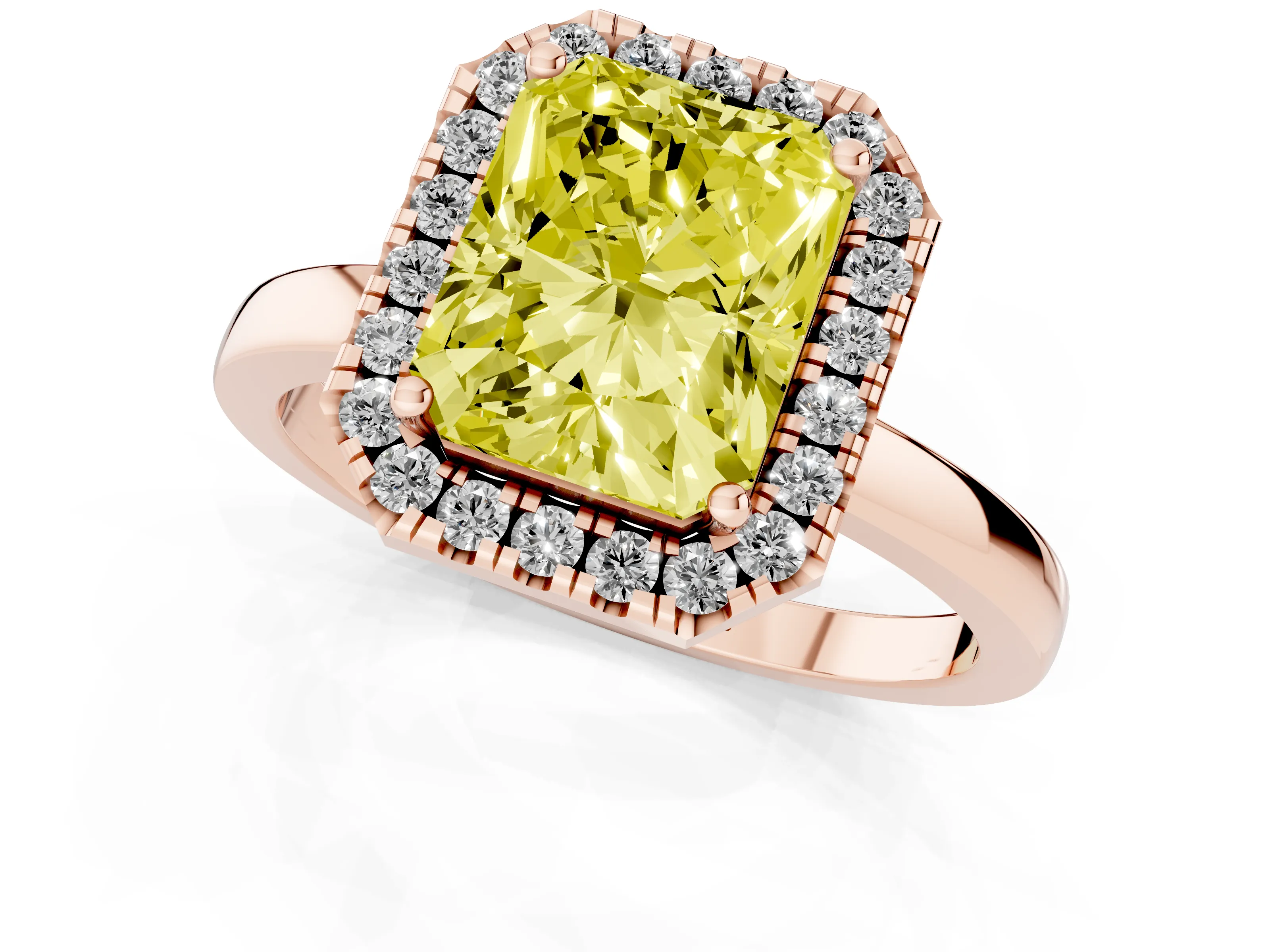 Fancy Yellow Radiant Cut Diamond Halo Solitaire Ring Set in Rose gold with Pavé Band and Prong Setting