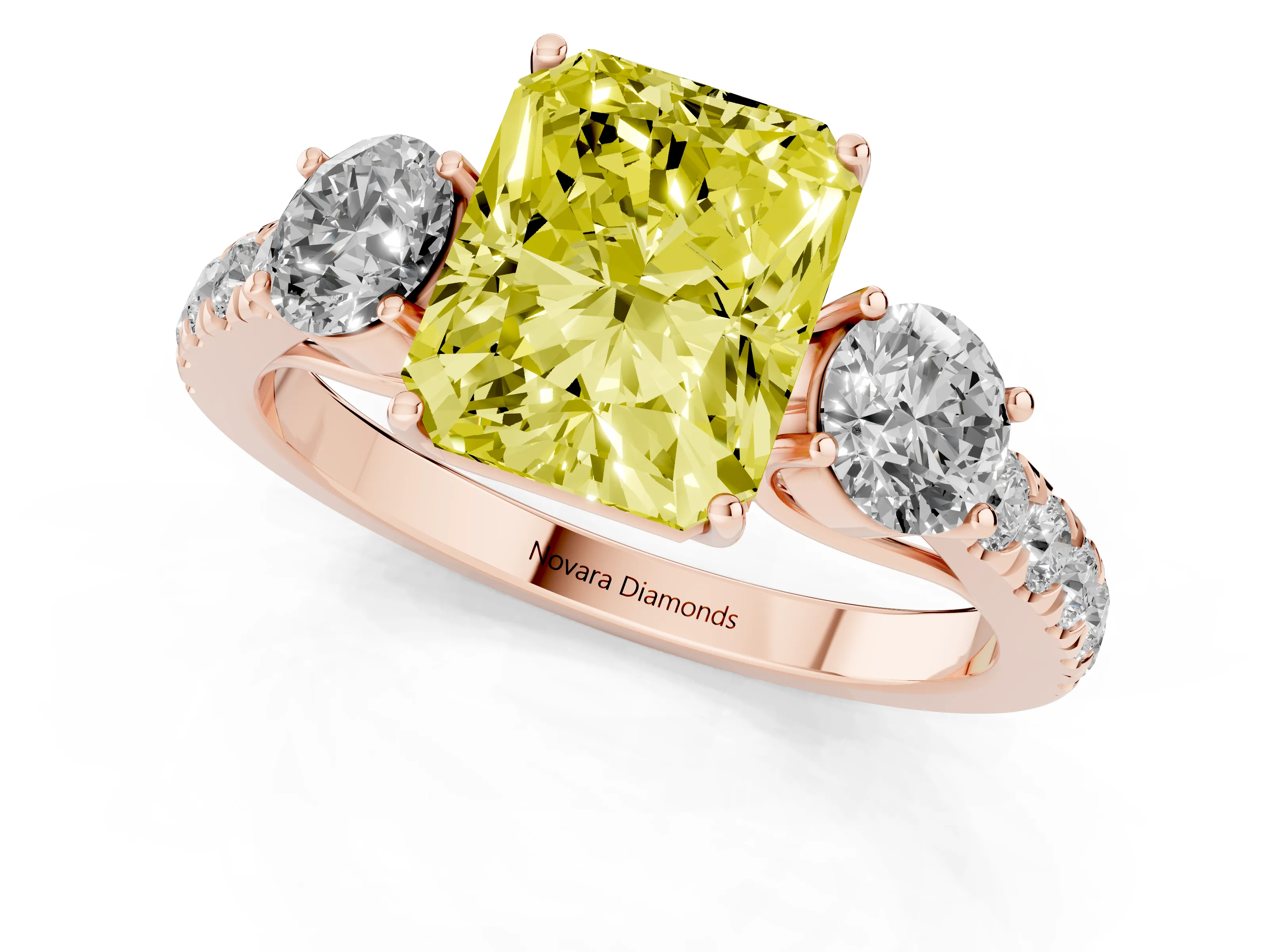 Fancy Yellow Radiant Cut Diamond Three-Stone Ring Set in Rose gold with Round Side Stones and Delicate Pavé Band