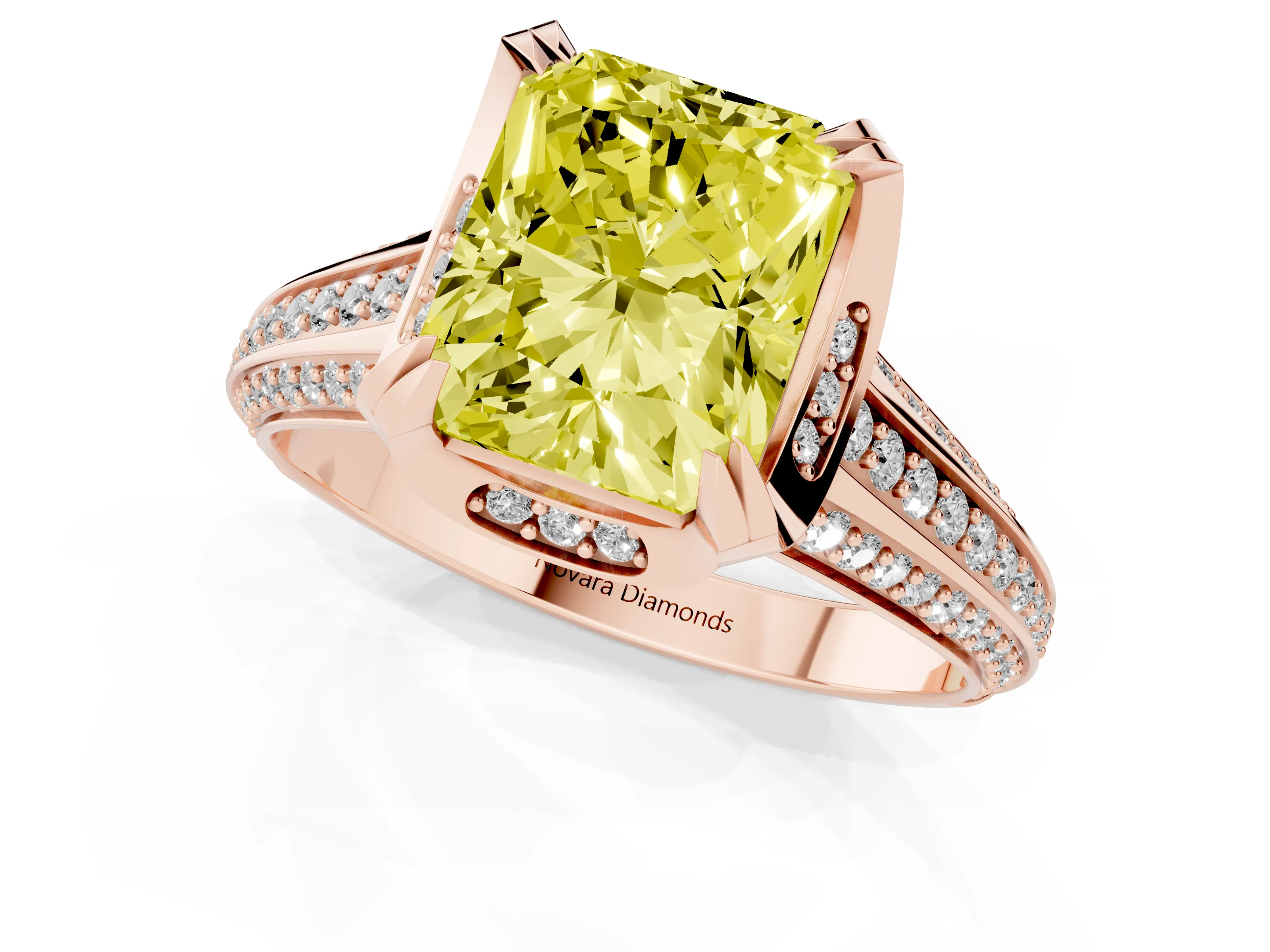 Fancy Yellow Radiant Cut Diamond Pavé Split Shank Solitaire Ring Set in Rose gold with Prong Setting