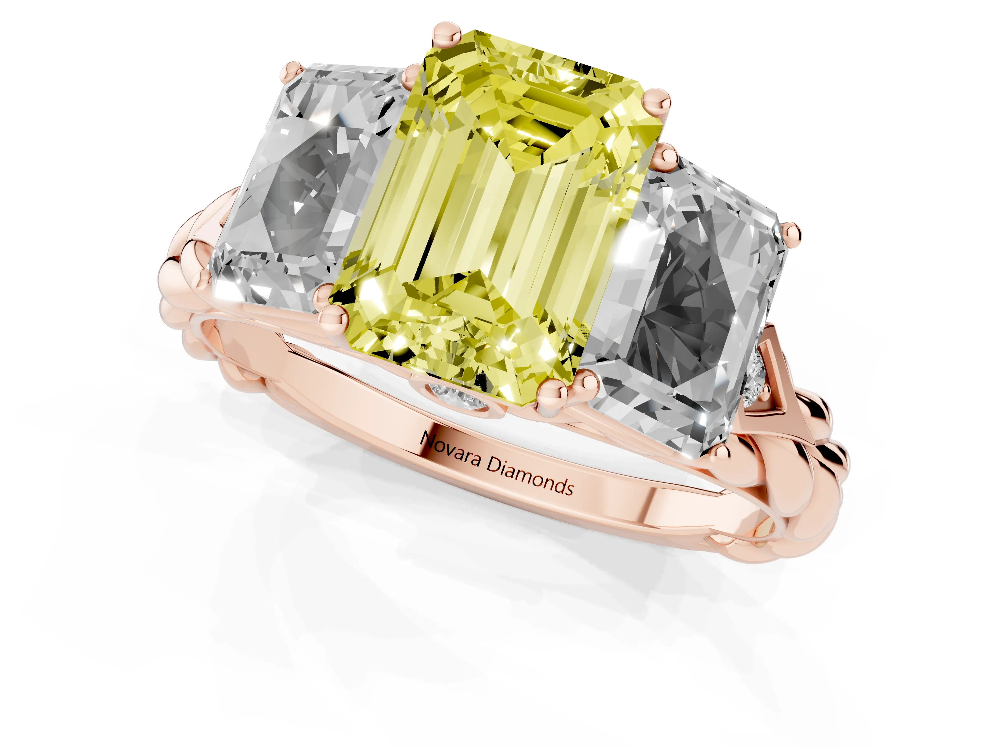 Fancy Yellow Radiant Cut Diamond Three-Stone Ring Set in Rose gold with Braided Band