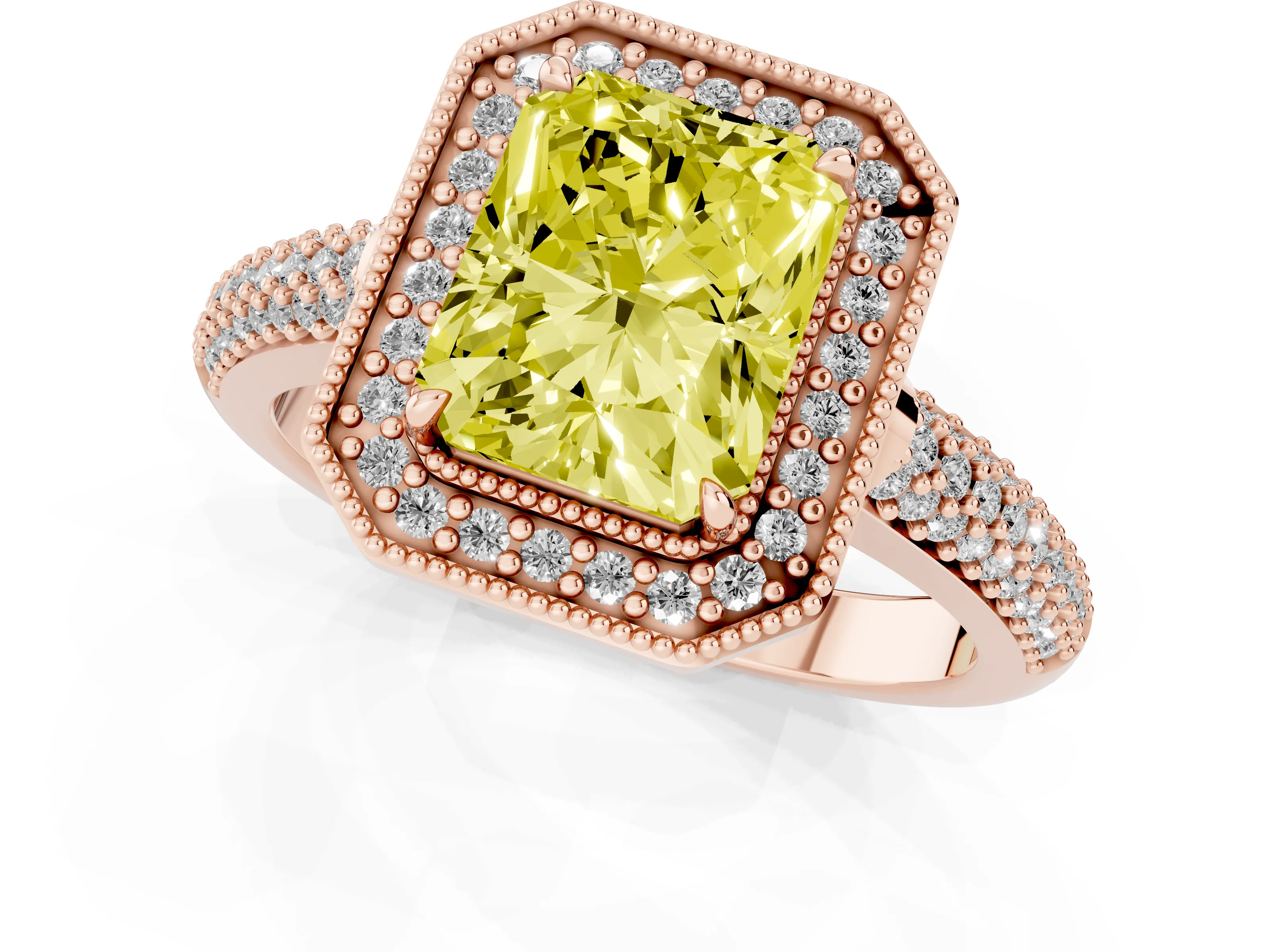 Fancy Yellow Radiant Cut Diamond Halo Pavé Band Set in Rose gold with Prong Setting