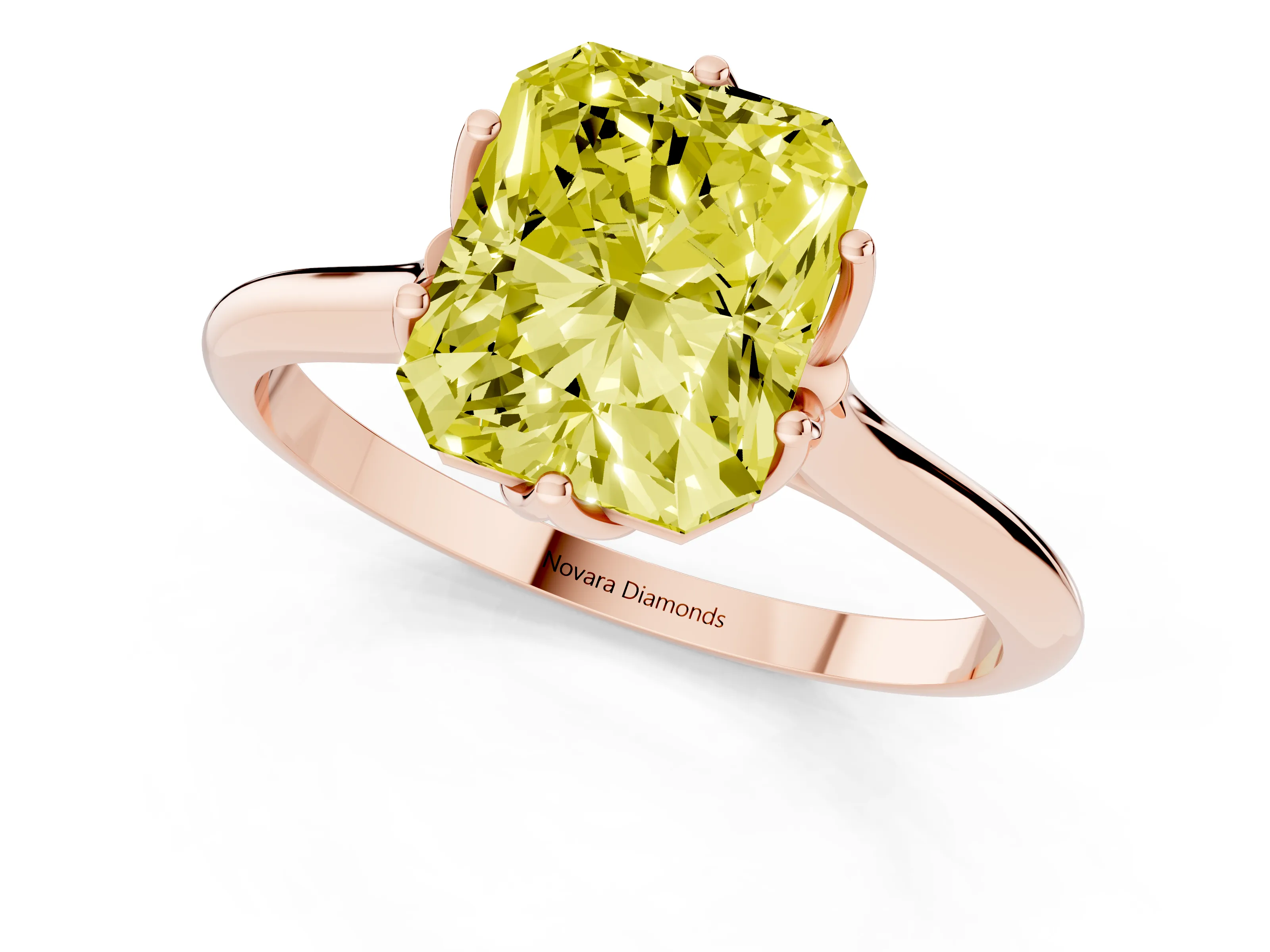 Fancy Yellow Radiant Cut Diamond Solitaire Cathedral Ring Set in Rose gold with Prong Setting