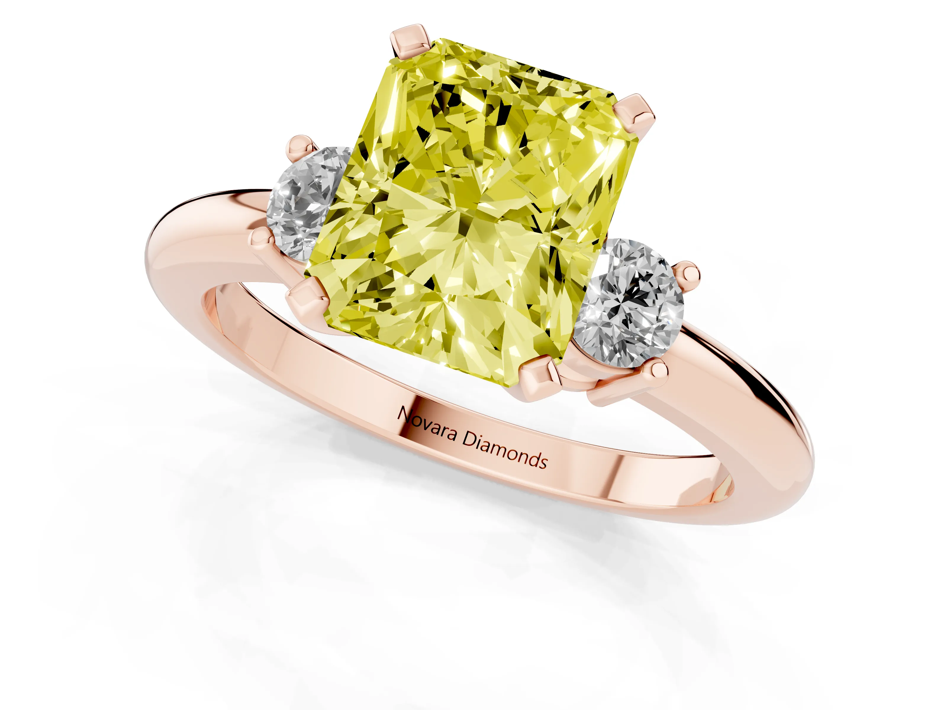 Fancy Yellow Three-Stone Radiant Cut Diamond Ring Set in Rose gold with Prong Setting and Plain Band