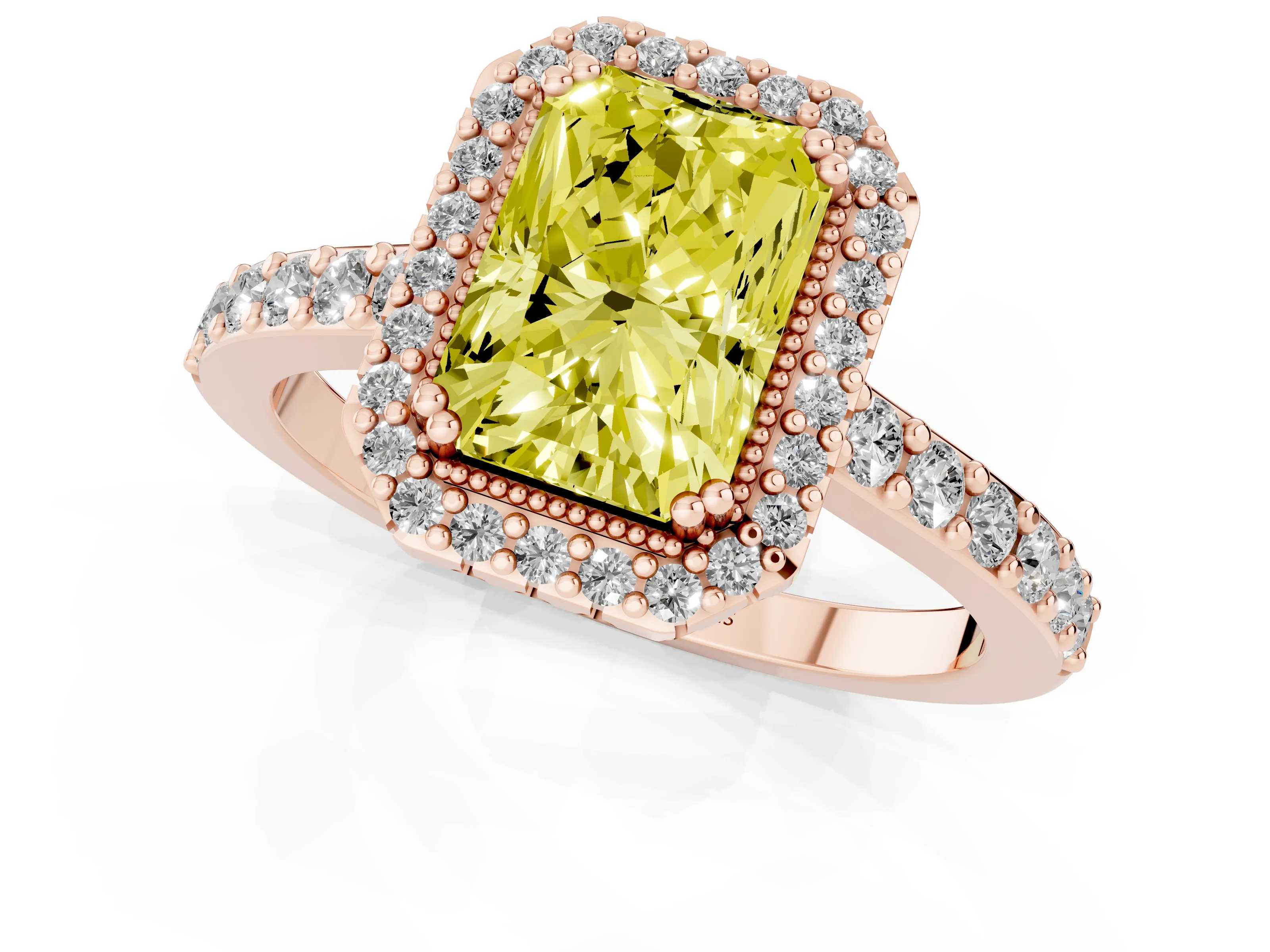 Fancy Yellow Radiant Cut Diamond Halo Engagement Ring Set in Rose gold with Milgrain Detail and Pavé Band