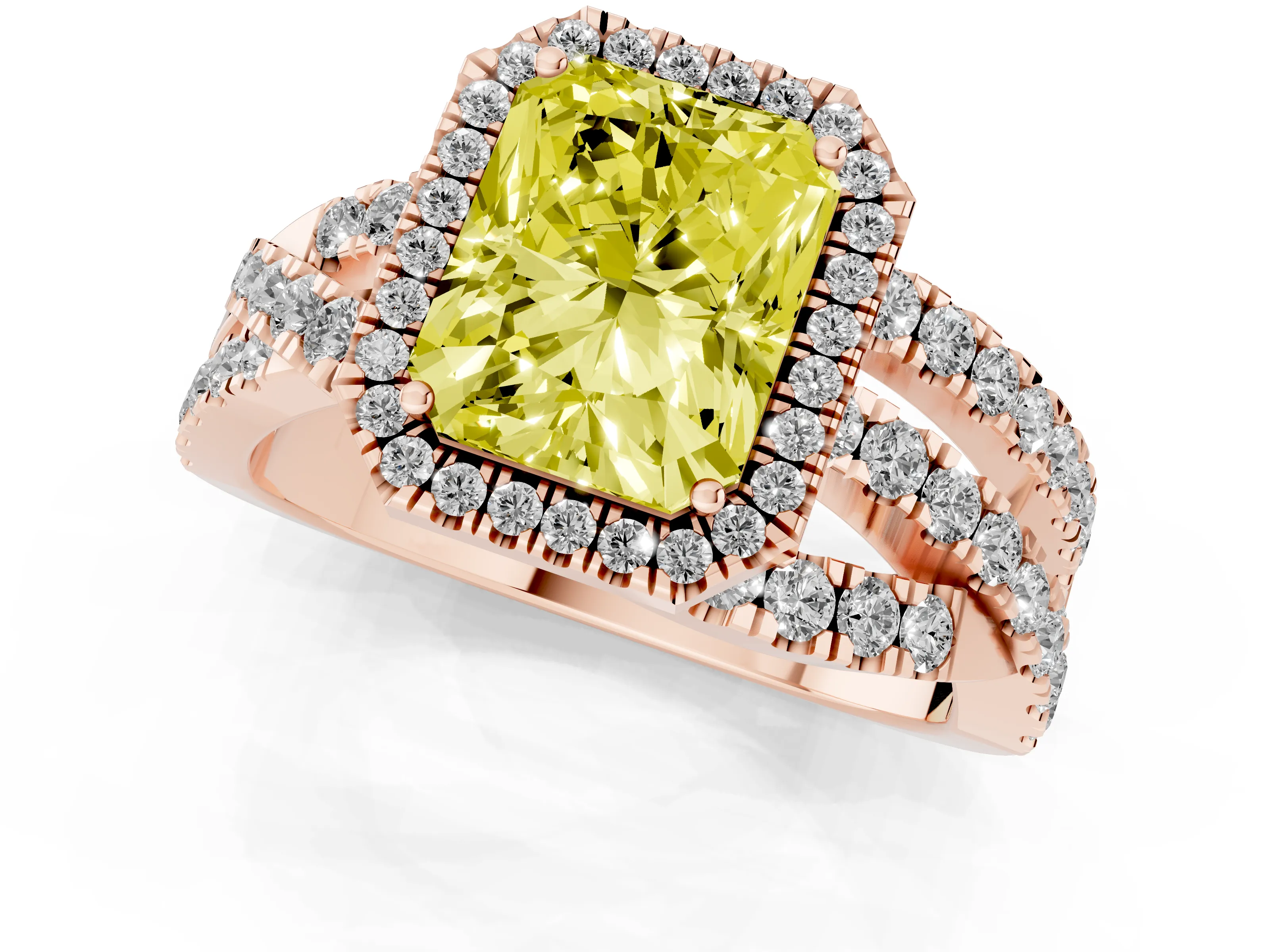 Fancy Yellow Radiant Cut Diamond Halo Ring Set in Rose gold with Round Crossover Split Shank and Prong Setting