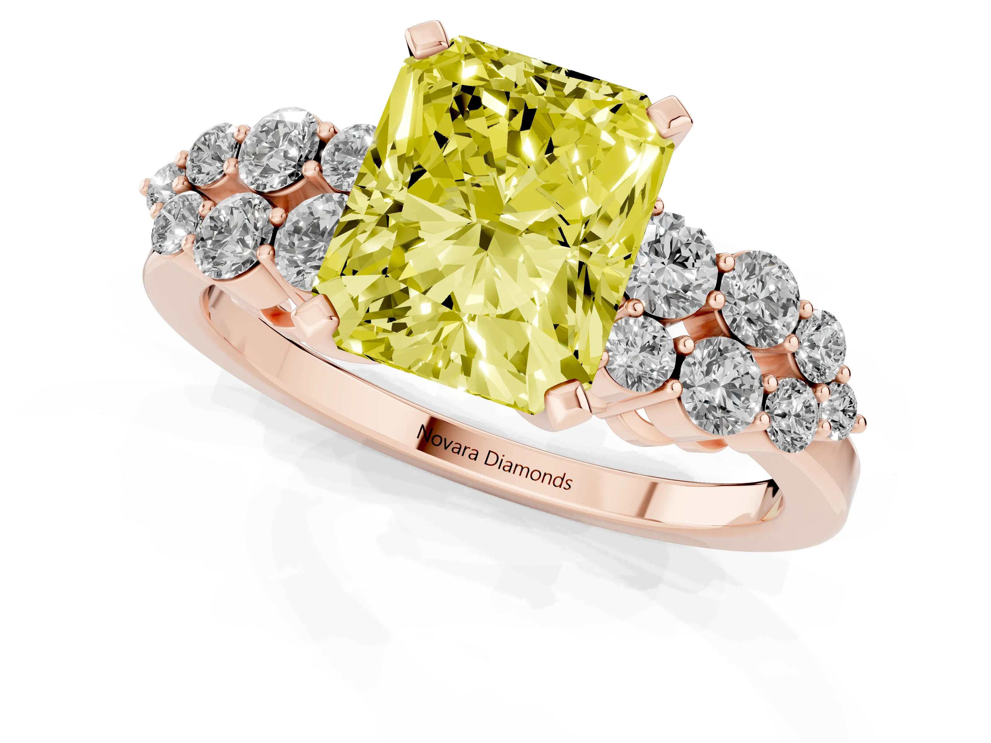 Fancy Yellow Radiant Cut Diamond Cluster Engagement Ring Set in Rose gold with Pavé Band and Prong Setting