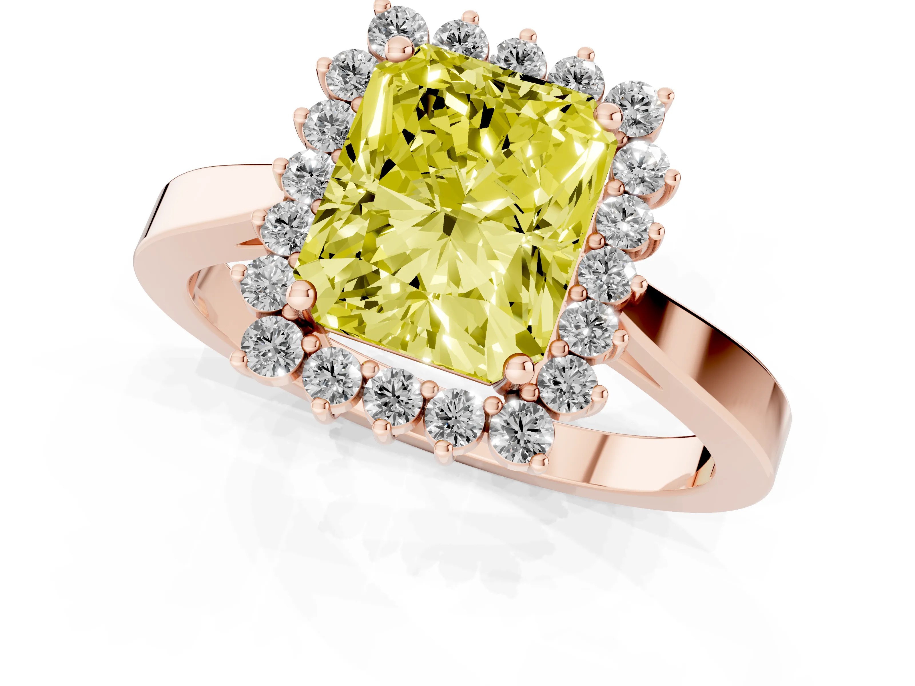Fancy Yellow Radiant Cut Diamond Halo Ring Set in Rose gold with Round Halo and Smooth Solitaire Band
