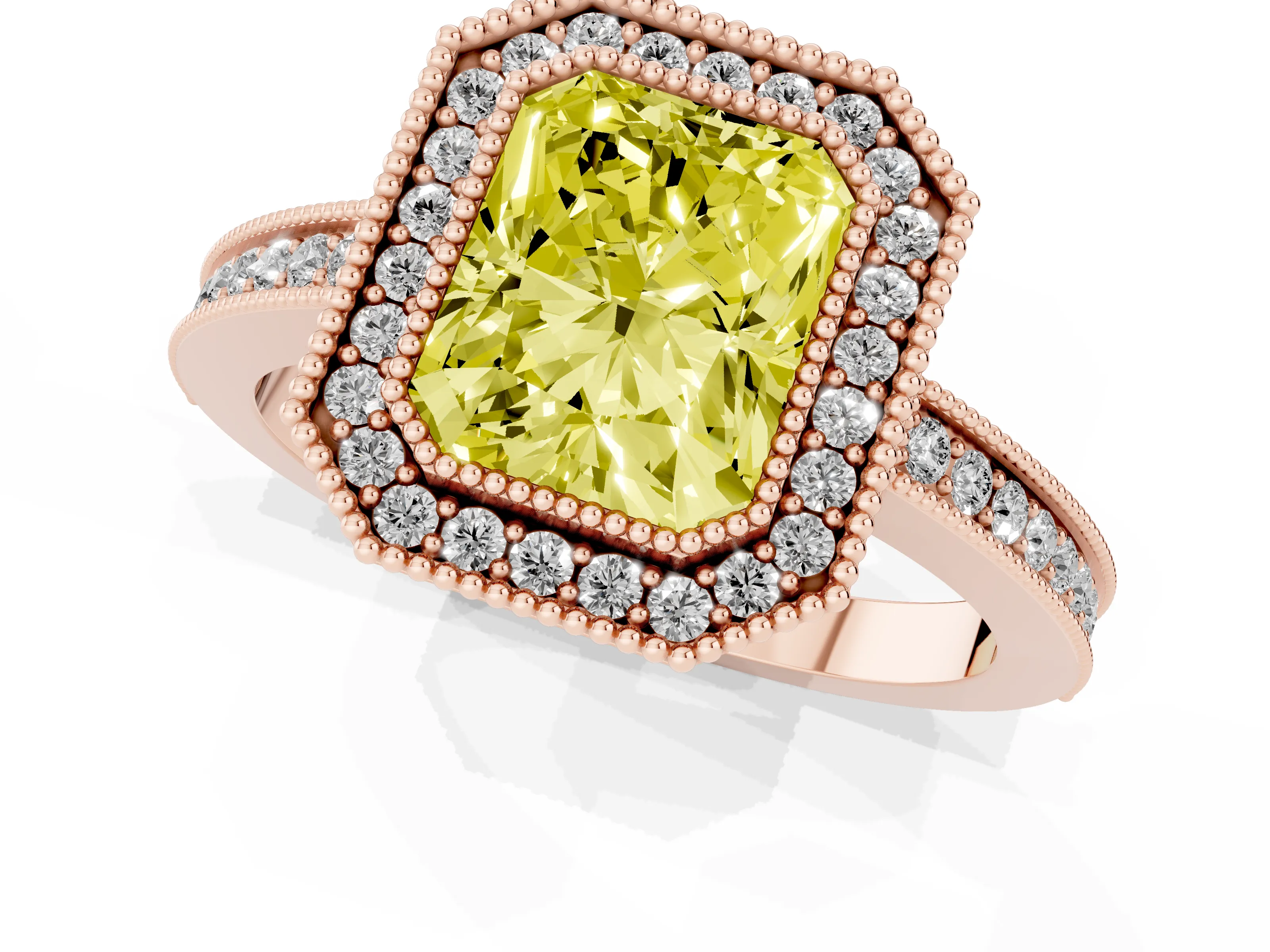 Fancy Yellow Radiant Cut Diamond Halo Ring Set in Rose gold with Pavé Band and Milgrain-Edged Prongs