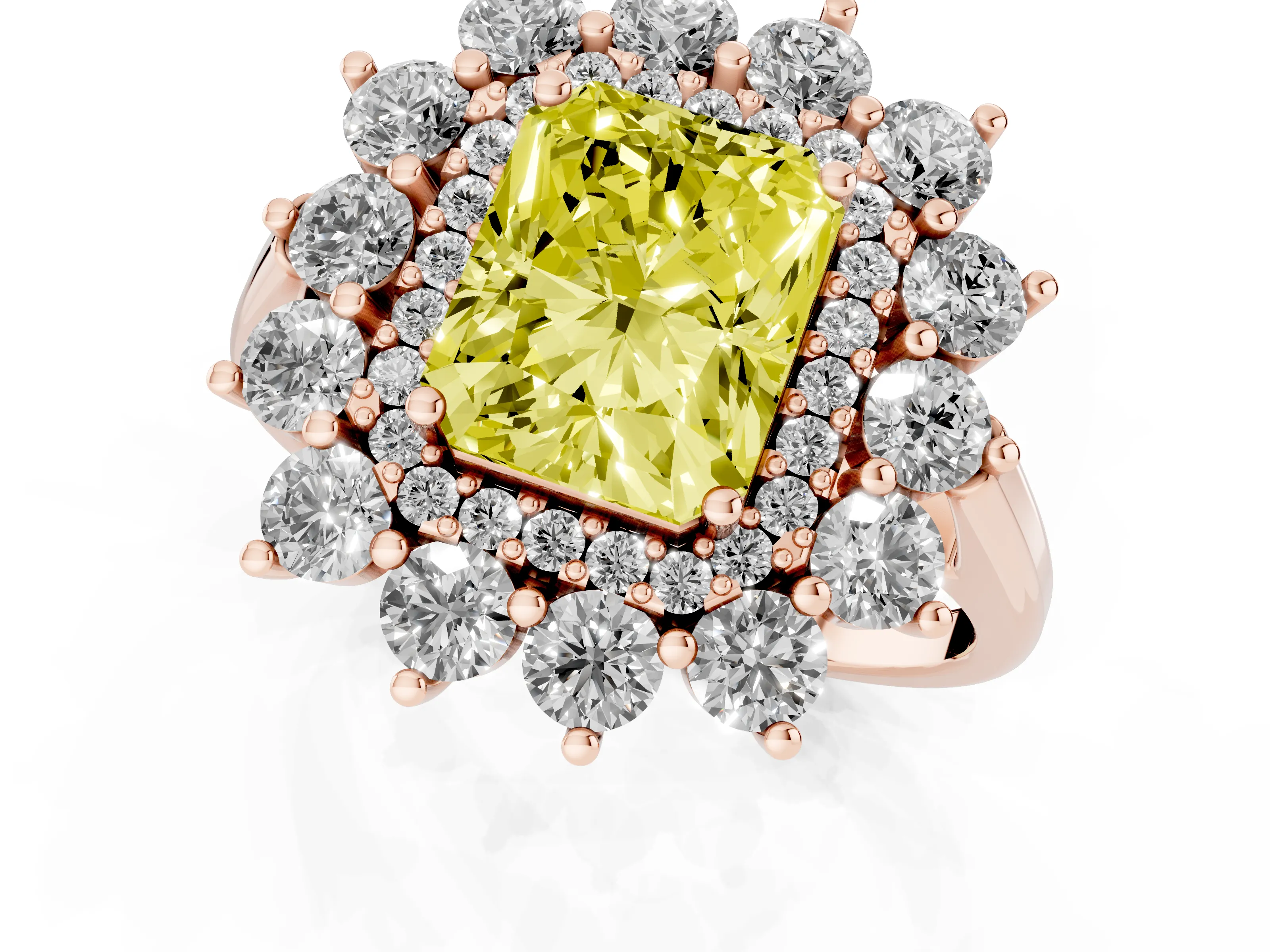 Fancy Yellow Radiant Cut Diamond Floral Double Halo Ring Set in Rose gold with Round Petals