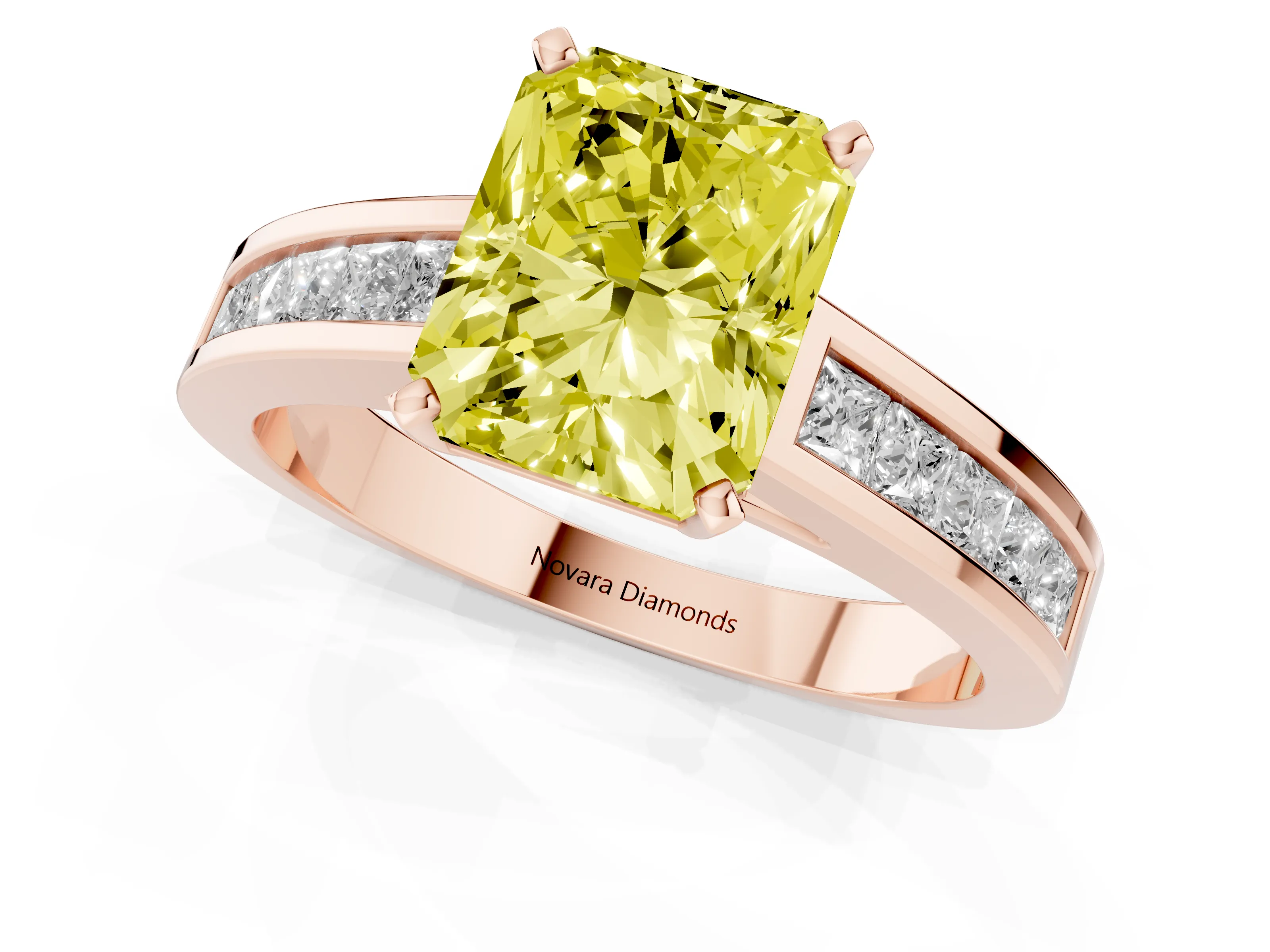 Fancy Yellow Radiant Cut Diamond Solitaire Ring Set in Rose gold with Channel-Set Band and Prong Setting