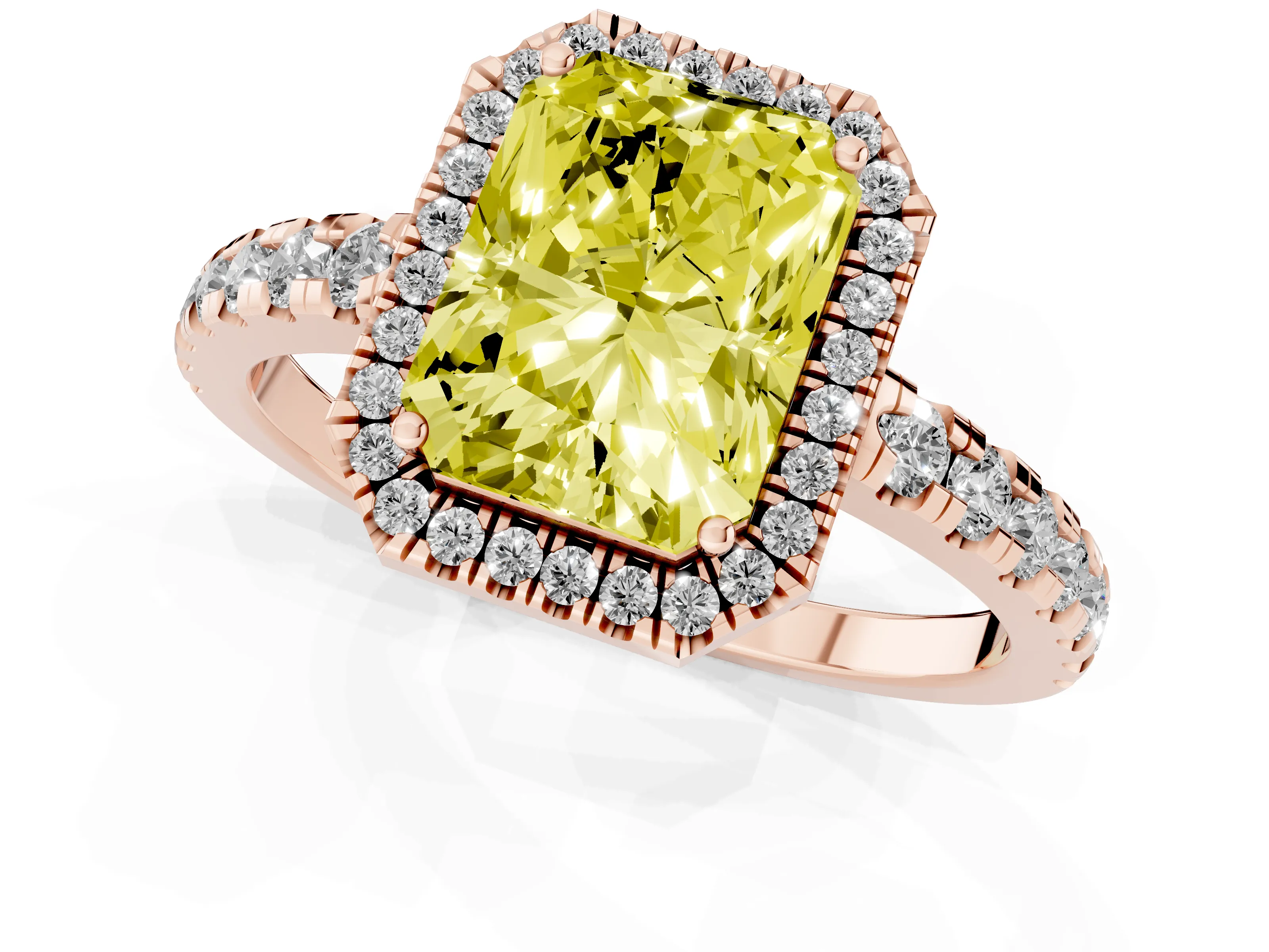 Fancy Yellow Radiant Cut Diamond Halo Ring Set in Rose gold with Delicate Pavé Band and Prong Setting