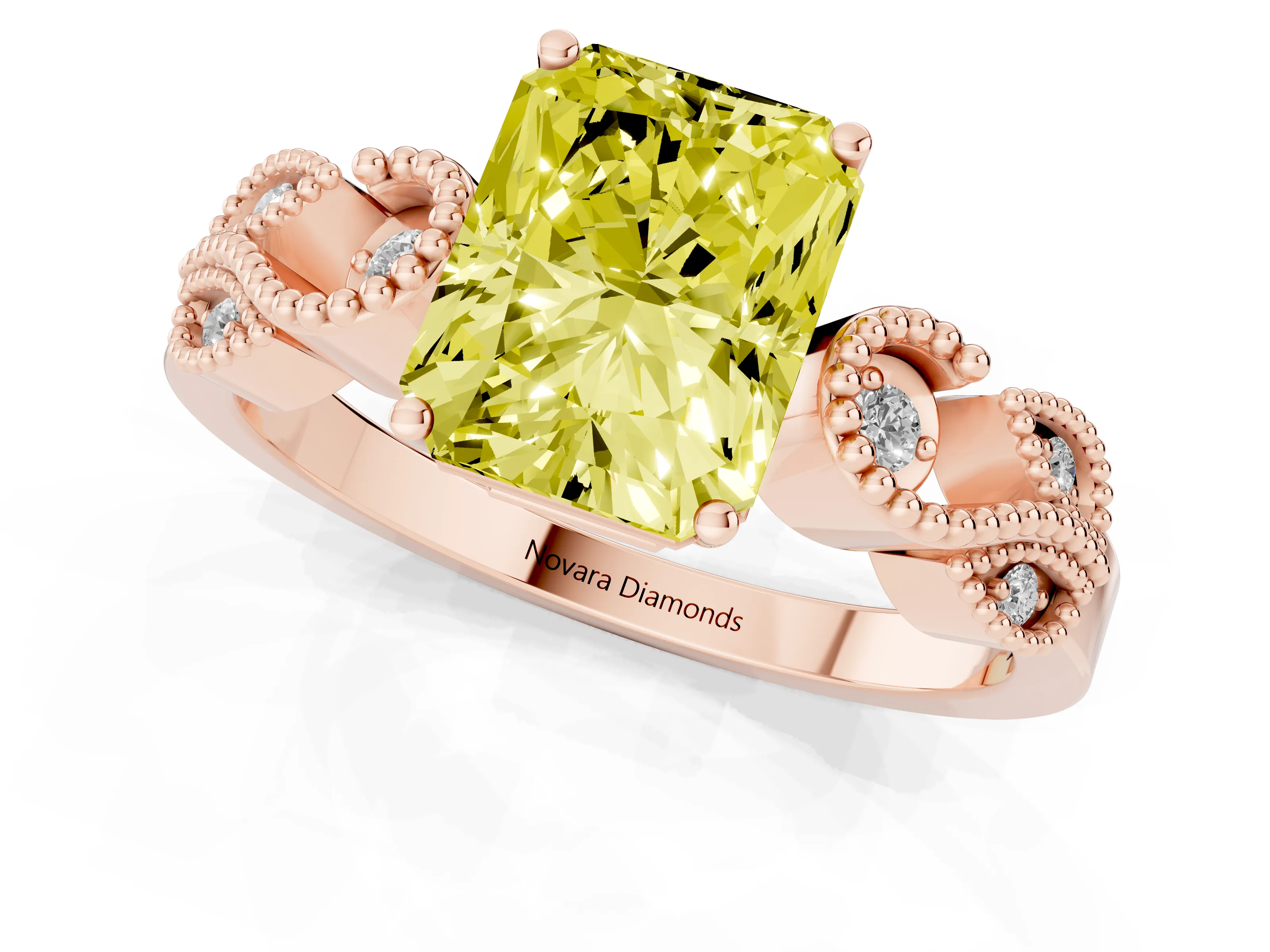 Fancy Yellow Radiant Cut Diamond Milgrain Leaf Band Solitaire Ring Set in Rose gold with Accent Stones and Prong Setting