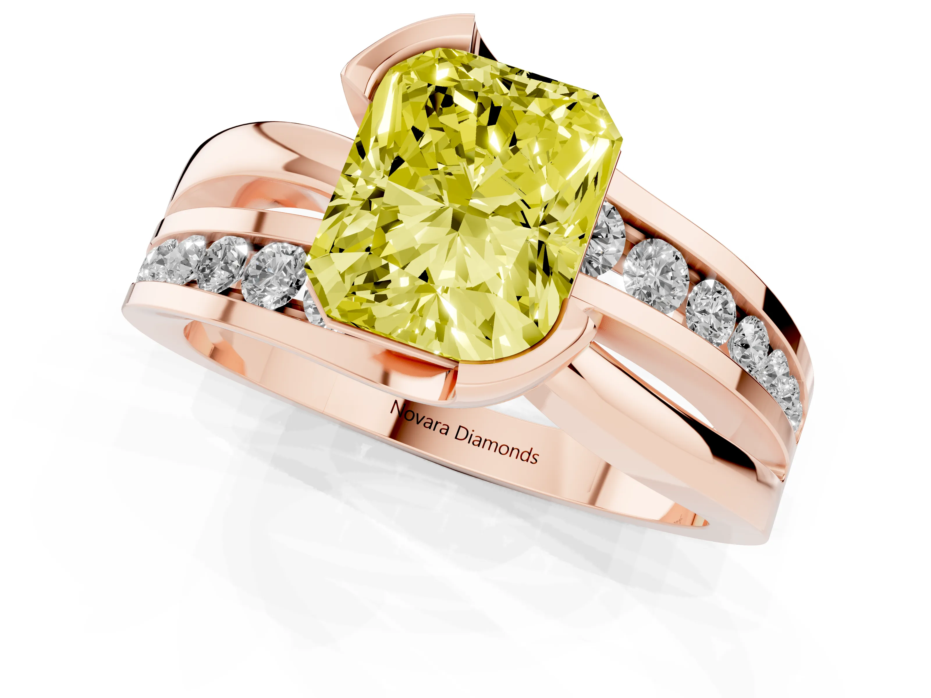 Fancy Yellow Radiant Cut Diamond Solitaire Ring Set in Rose gold with Channel Set Split Shank and Tension Prongs