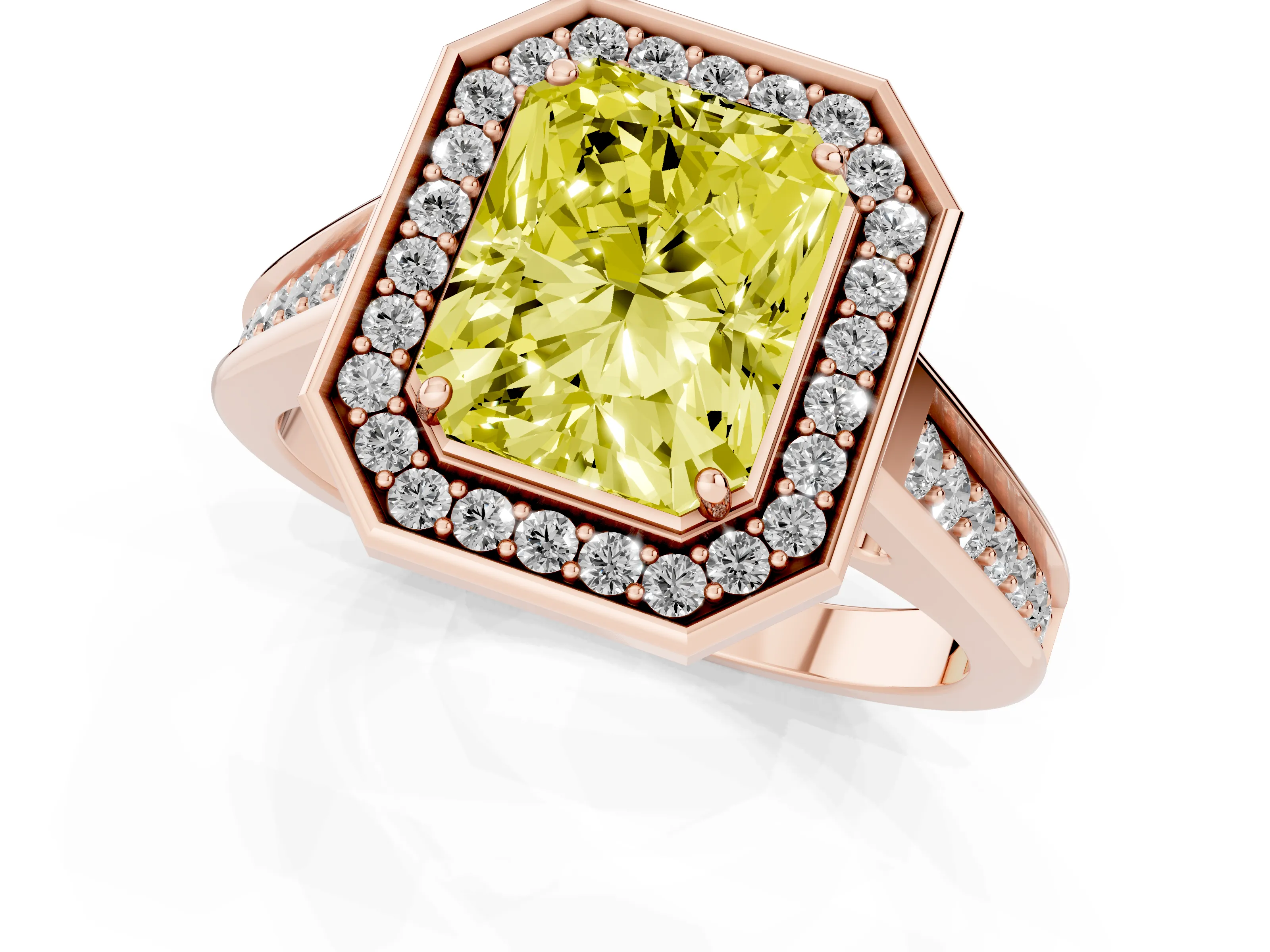 Fancy Yellow Radiant Cut Diamond Halo Solitaire Ring Set in Rose gold with Pavé Band and Bezel Setting