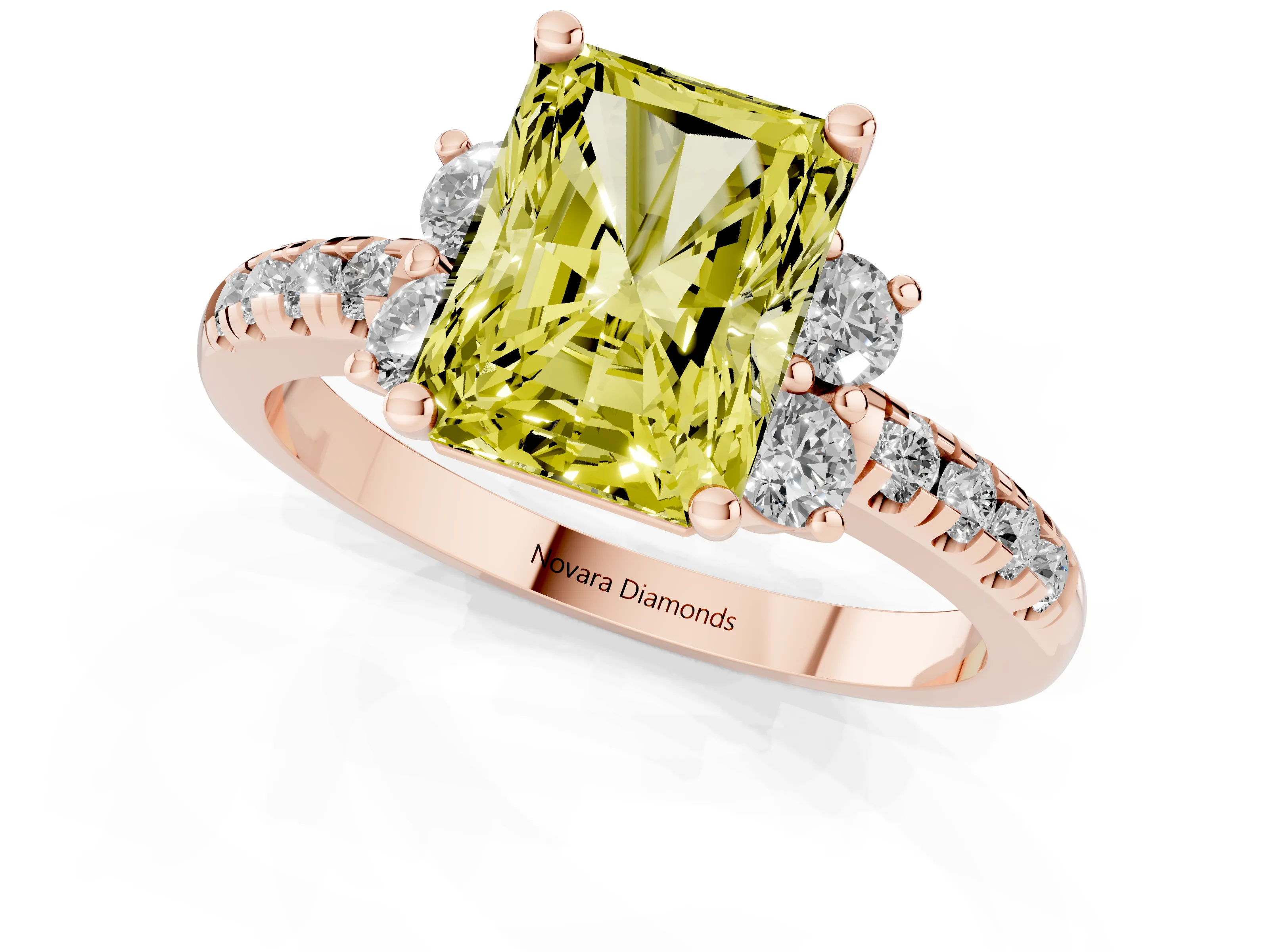 Fancy Yellow Radiant Cut Diamond Three-Stone Pavé Ring Set in Rose gold with Prong Setting