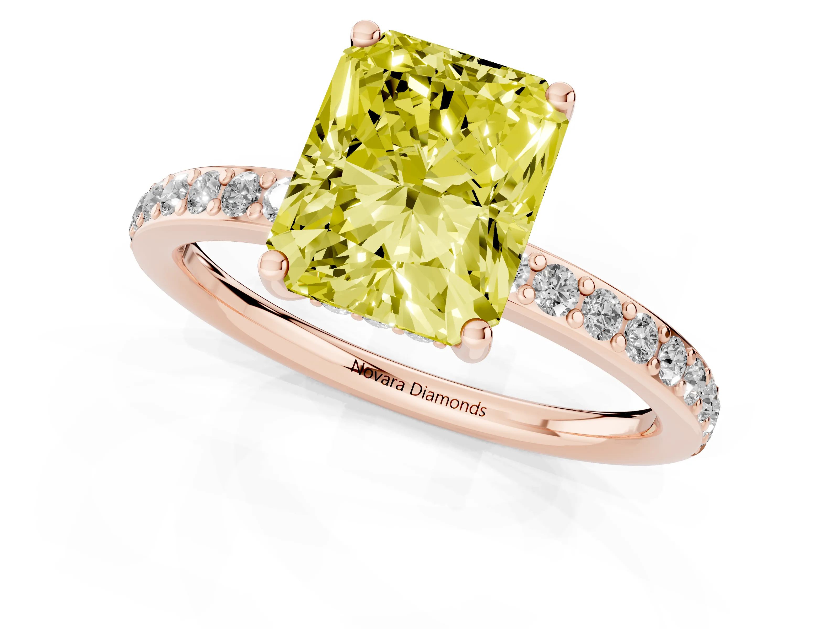 Fancy Yellow Radiant Cut Diamond Pavé Band Ring Set in Rose gold with Prong-Set Center Stone