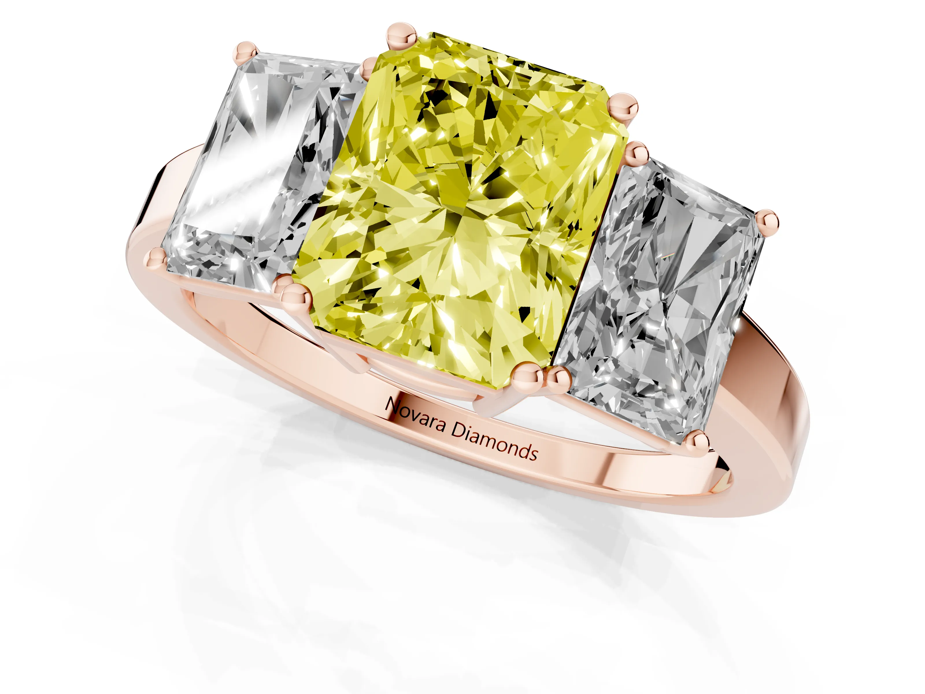 Fancy Yellow Radiant Cut Diamond Three-Stone Engagement Ring Set in Rose gold with Flat Band