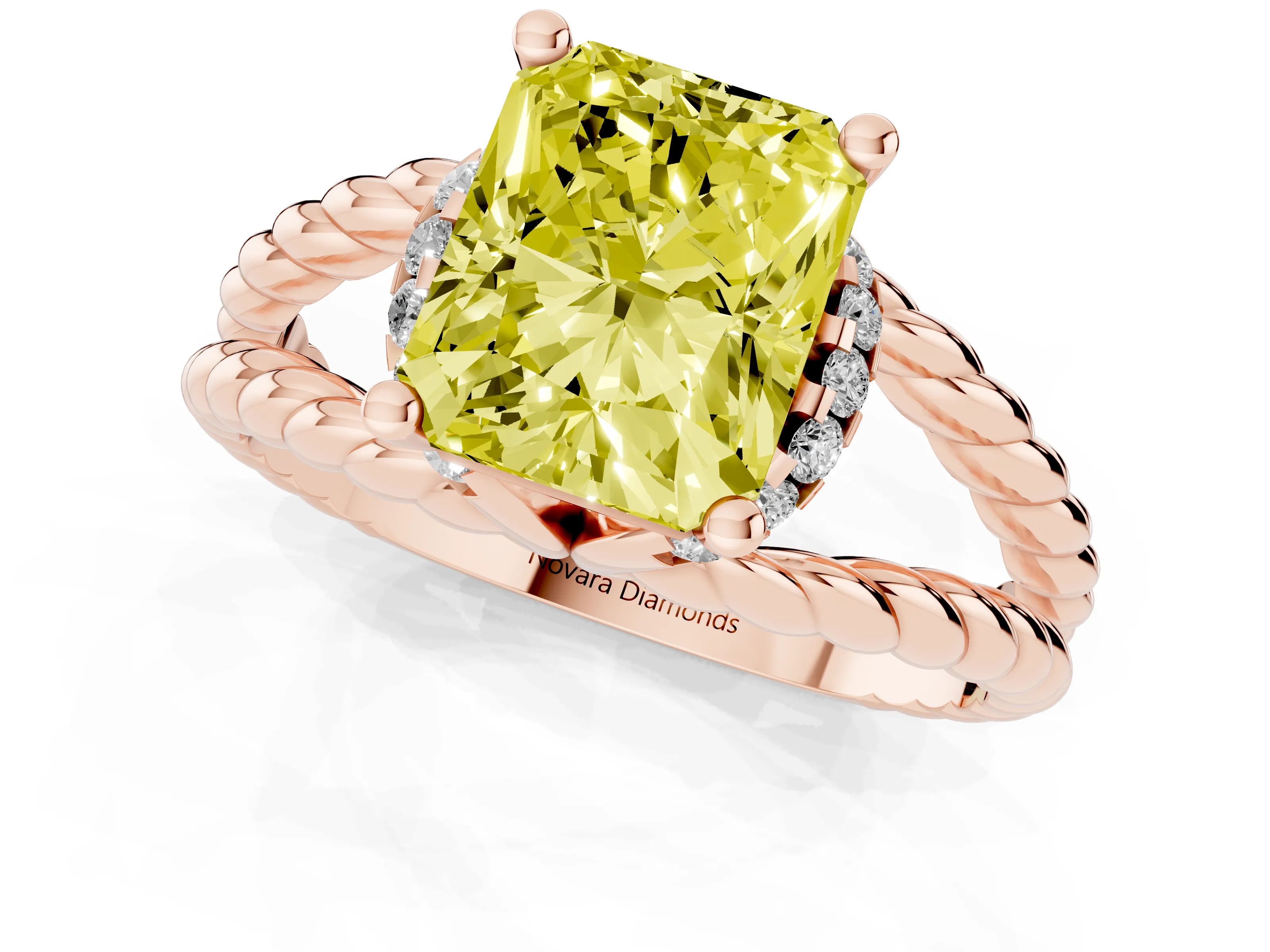 Fancy Yellow Radiant Cut Diamond Halo Ring Set in Rose gold with Twisted Band and Prong Setting