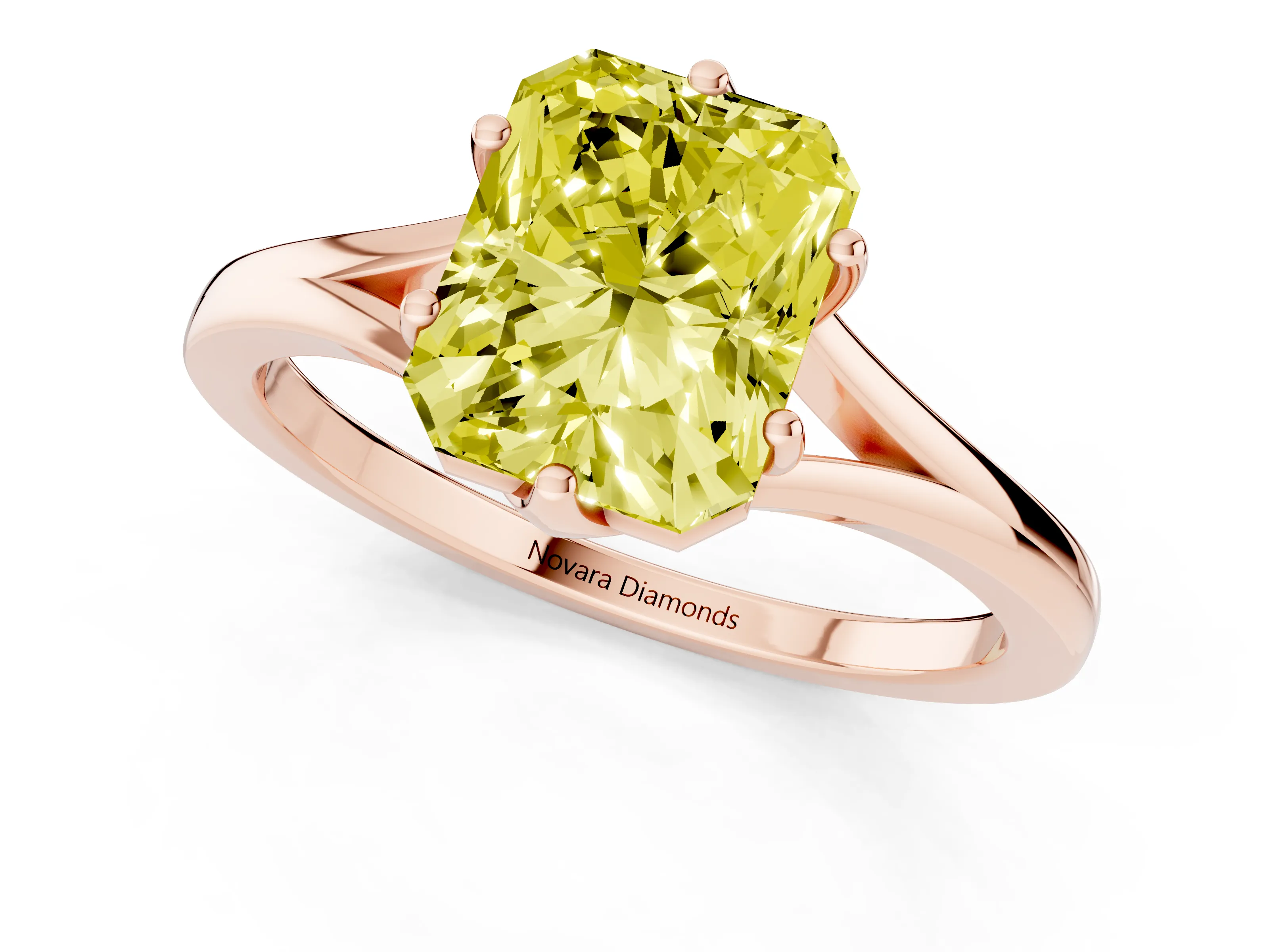 Fancy Yellow Radiant Cut Diamond Solitaire Ring Set in Rose gold with Polished Tapered Band and Prong Setting