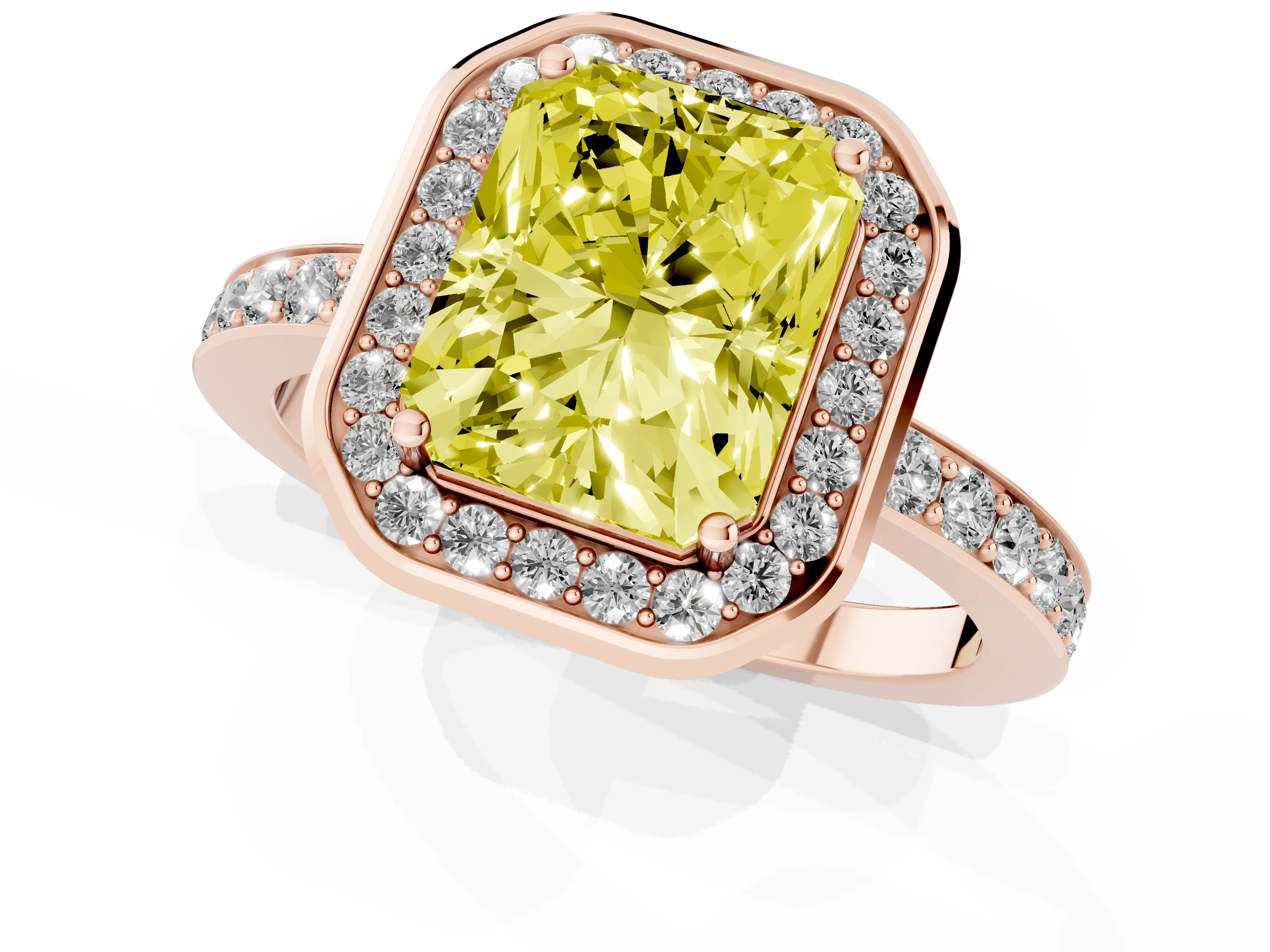 Fancy Yellow Radiant Cut Diamond Halo Ring Set in Rose gold with Bezel Frame and Pavé Band