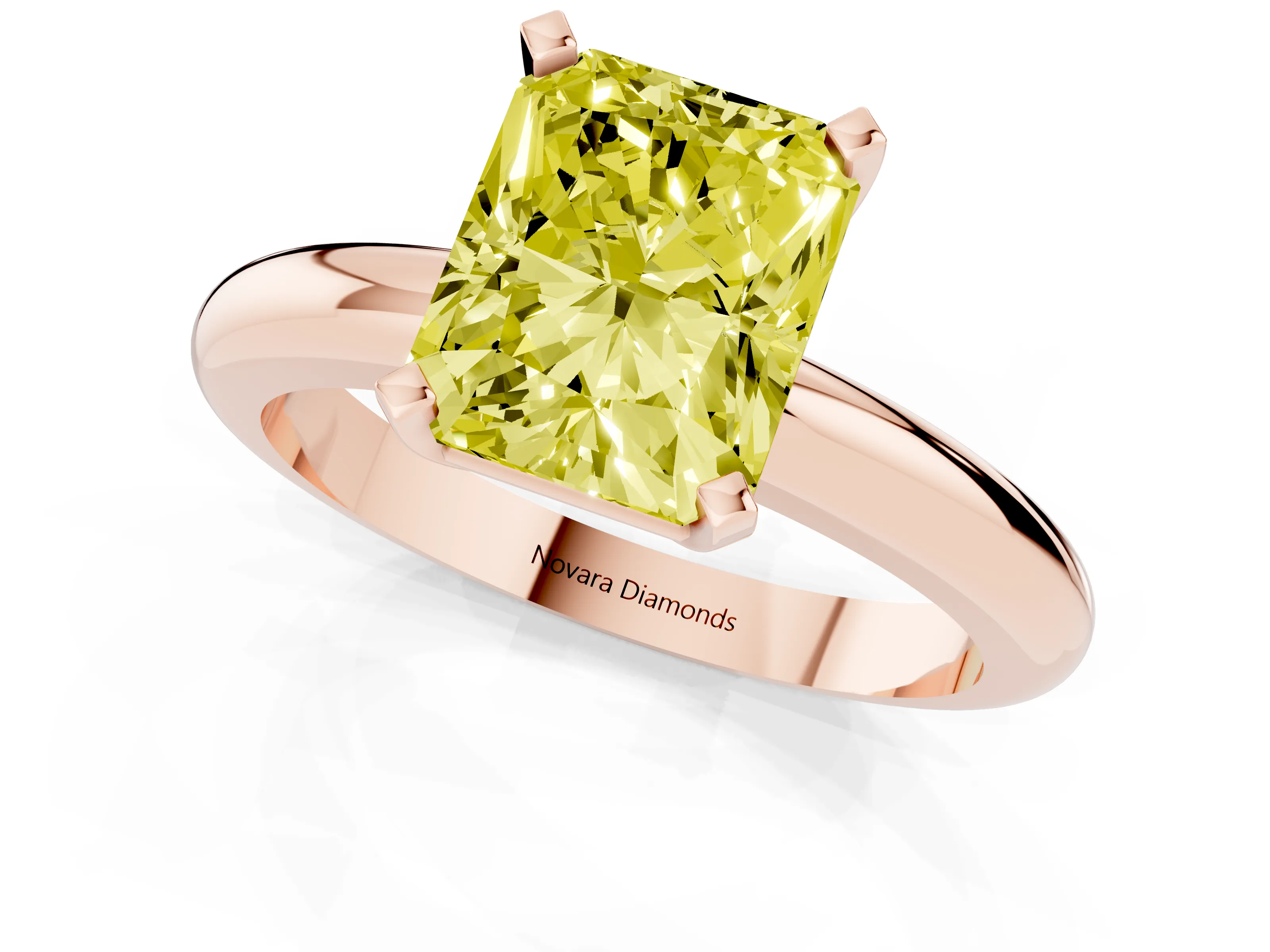 Fancy Yellow Radiant Cut Diamond Solitaire Engagement Ring Set in Rose gold with Round Band and Prong Setting