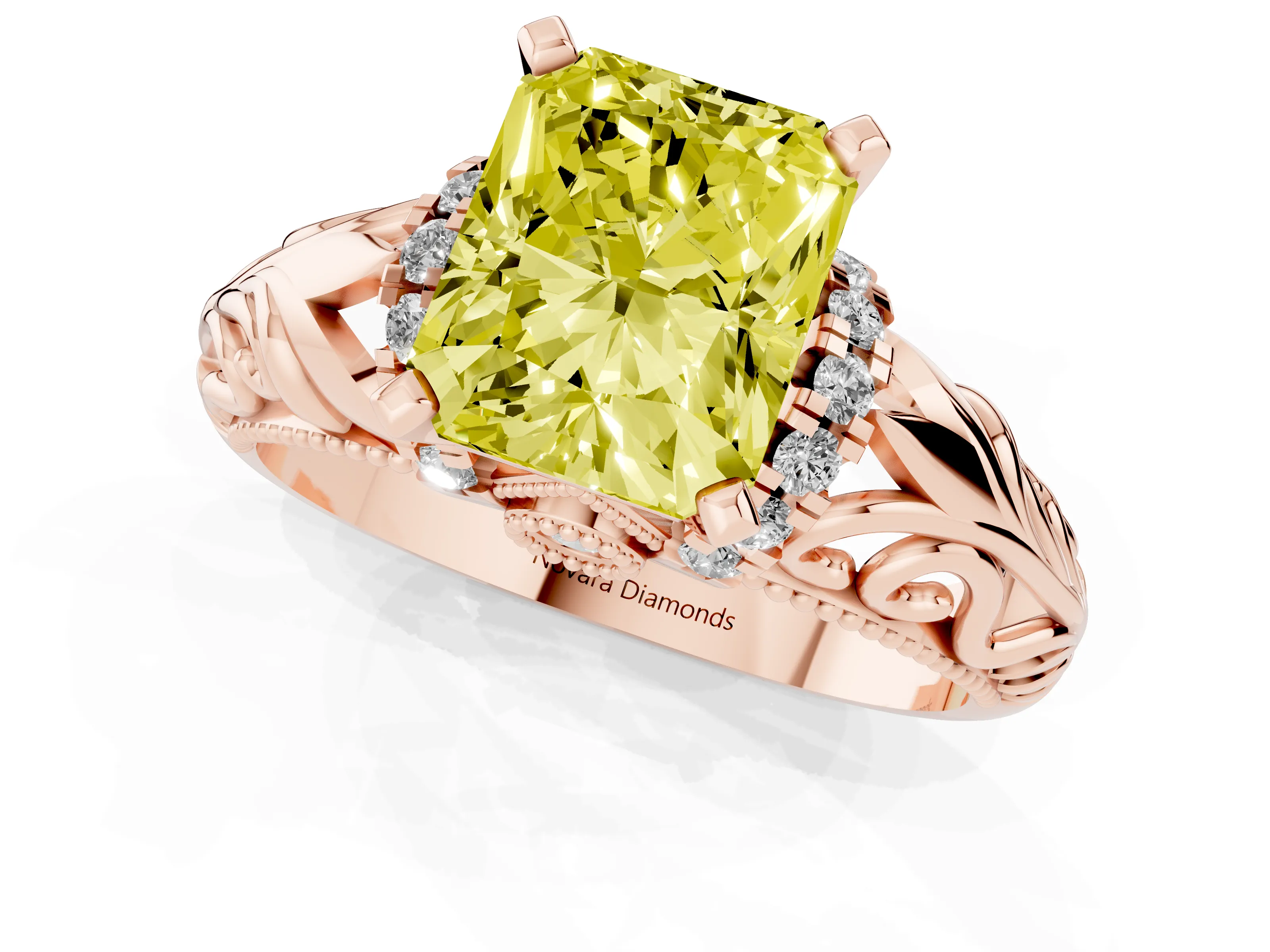 Fancy Yellow Radiant Cut Diamond Filigree Halo Engagement Ring Set in Rose gold with Prong Setting