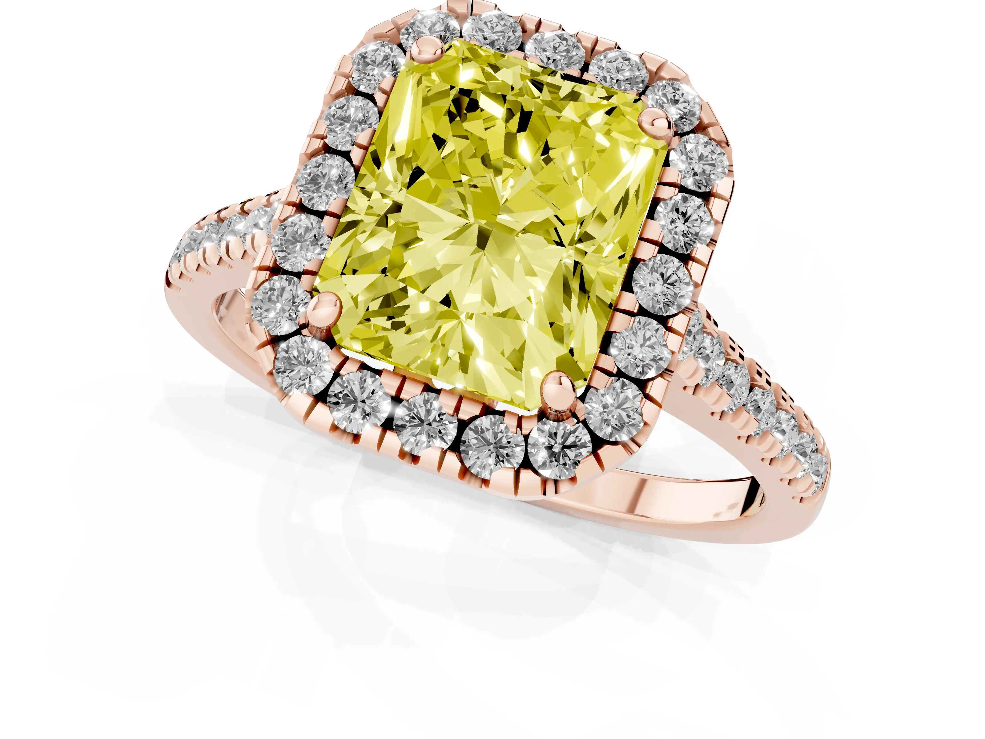 Fancy Yellow Radiant Cut Diamond Cushion Halo Ring Set in Rose gold with Pavé Band – second view