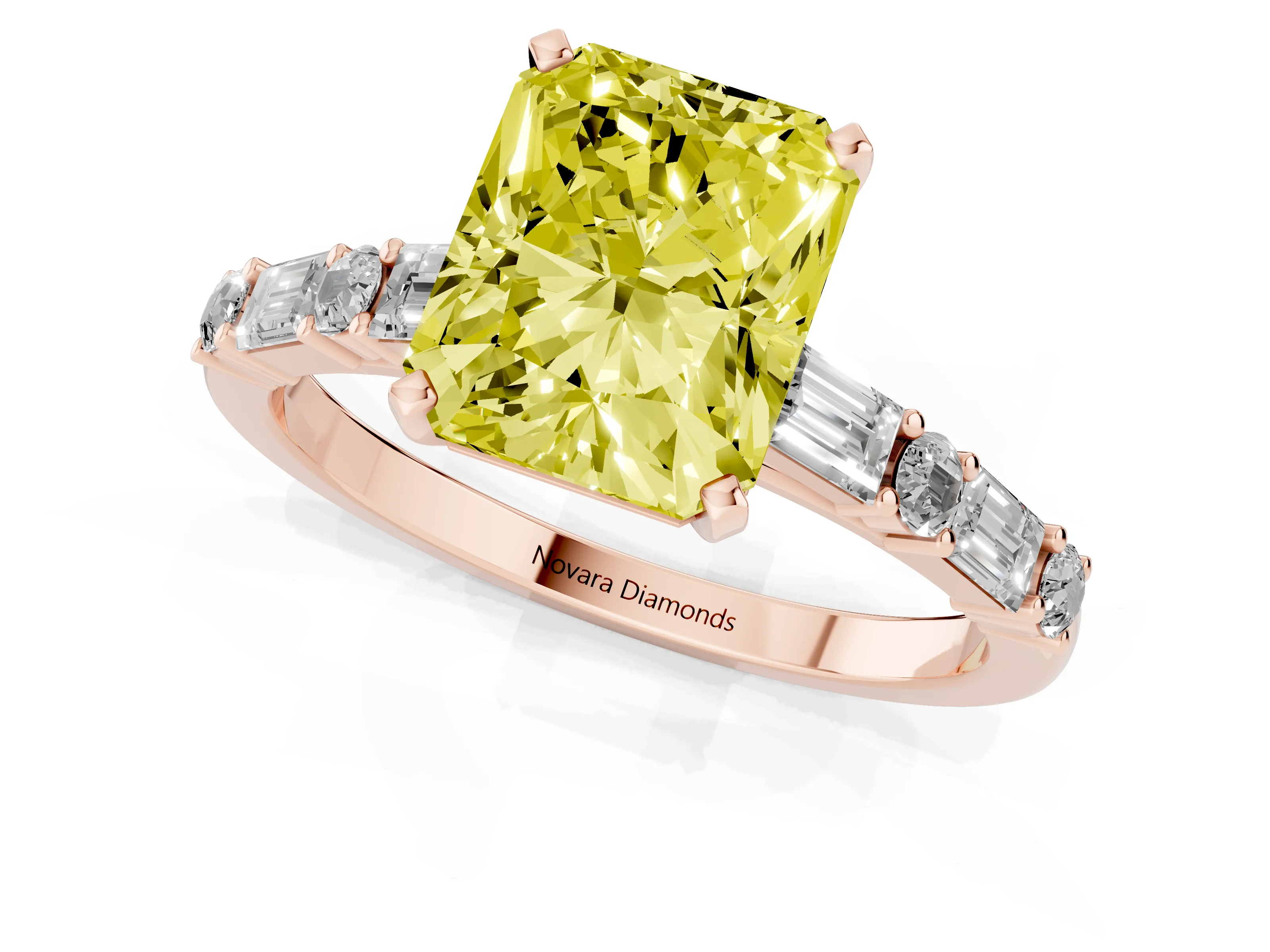 Fancy Yellow Radiant Cut Diamond Solitaire Set in Rose gold with Side Baguettes and Channel Set Band