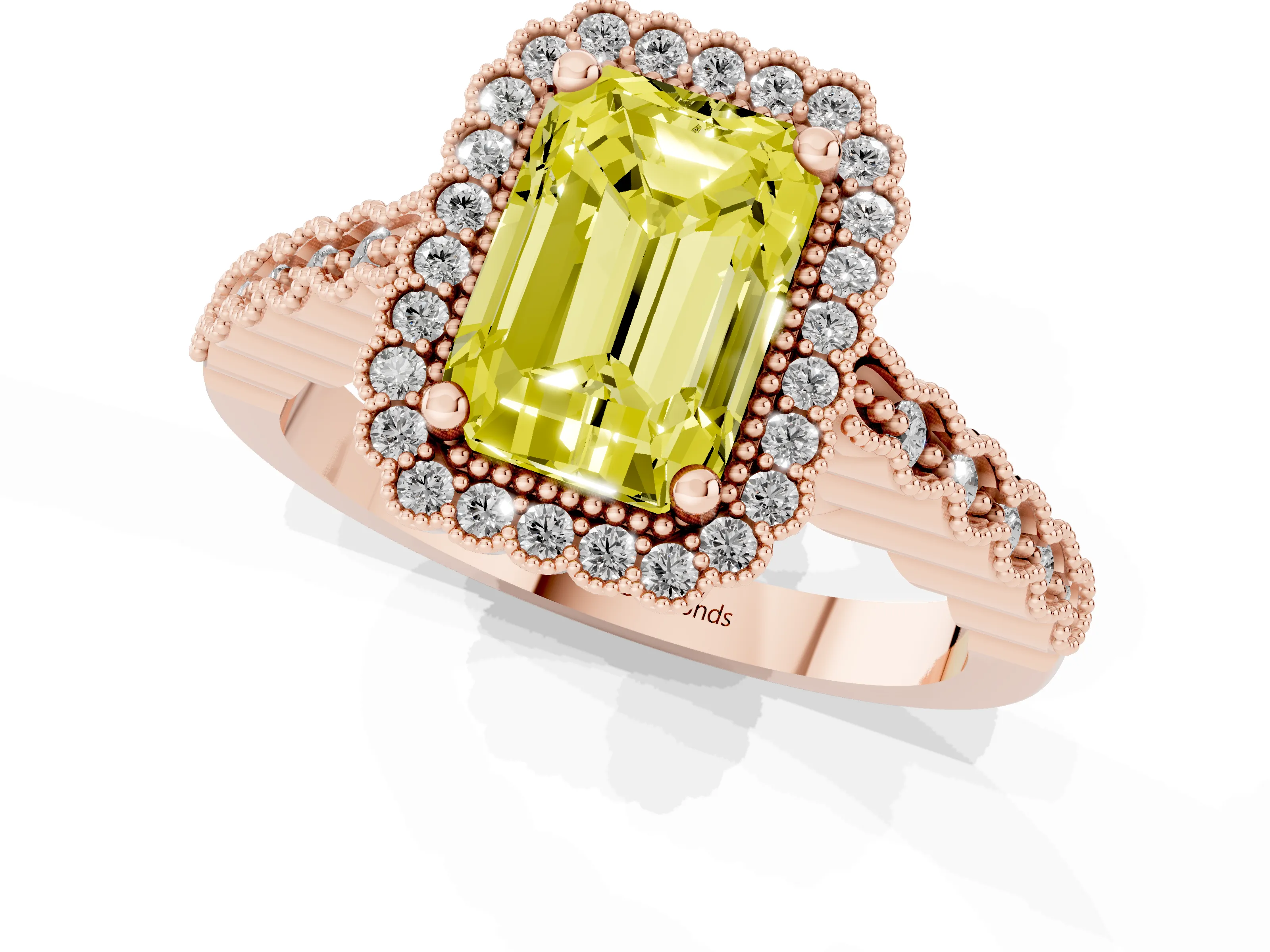Fancy Yellow Radiant Cut Diamond Halo Ring Set in Rose gold with Pavé Milgrain Band