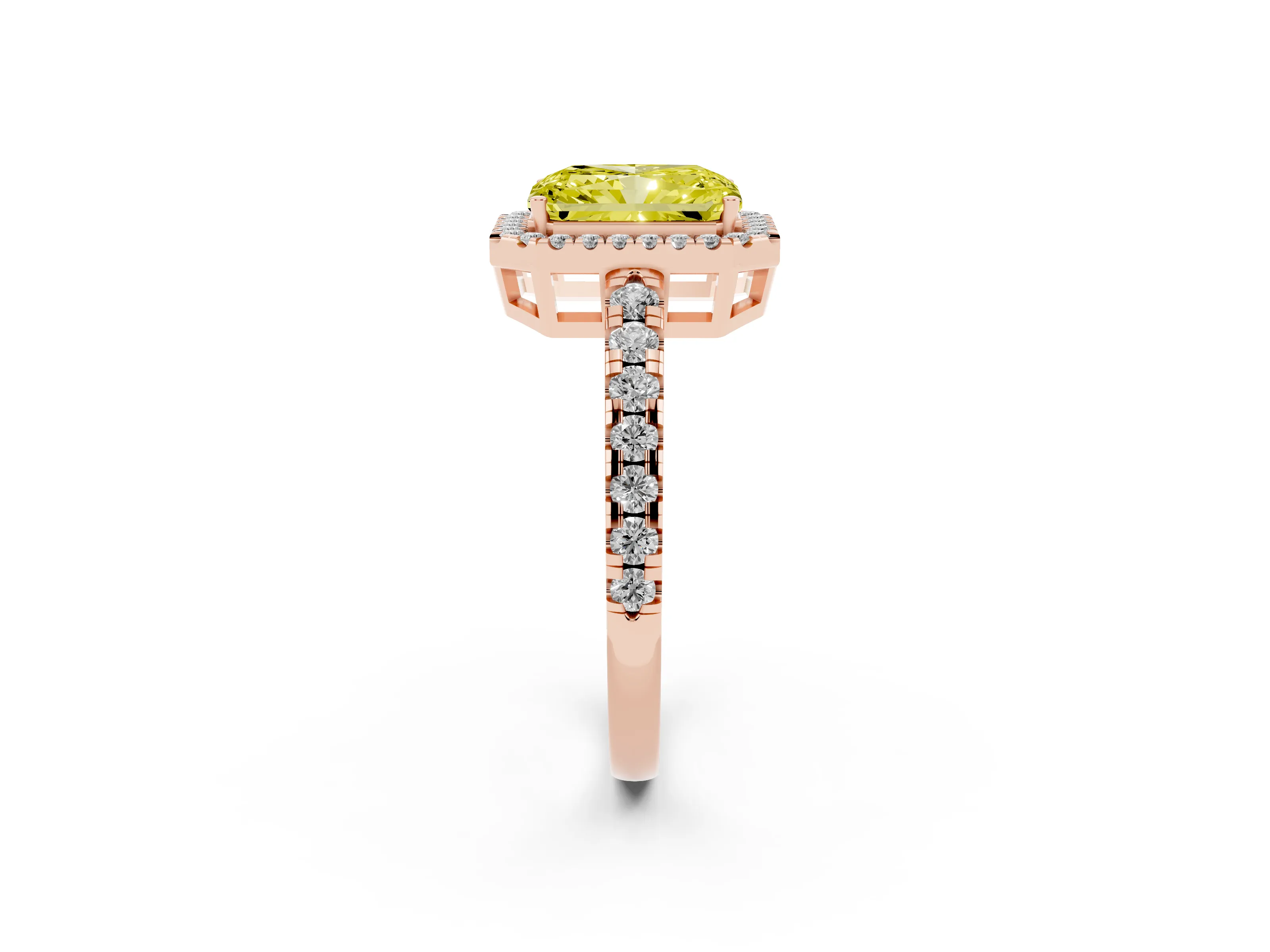 Fancy Yellow Radiant Cut Diamond Halo Ring Set in Rose gold with Delicate Pavé Band and Prong Setting