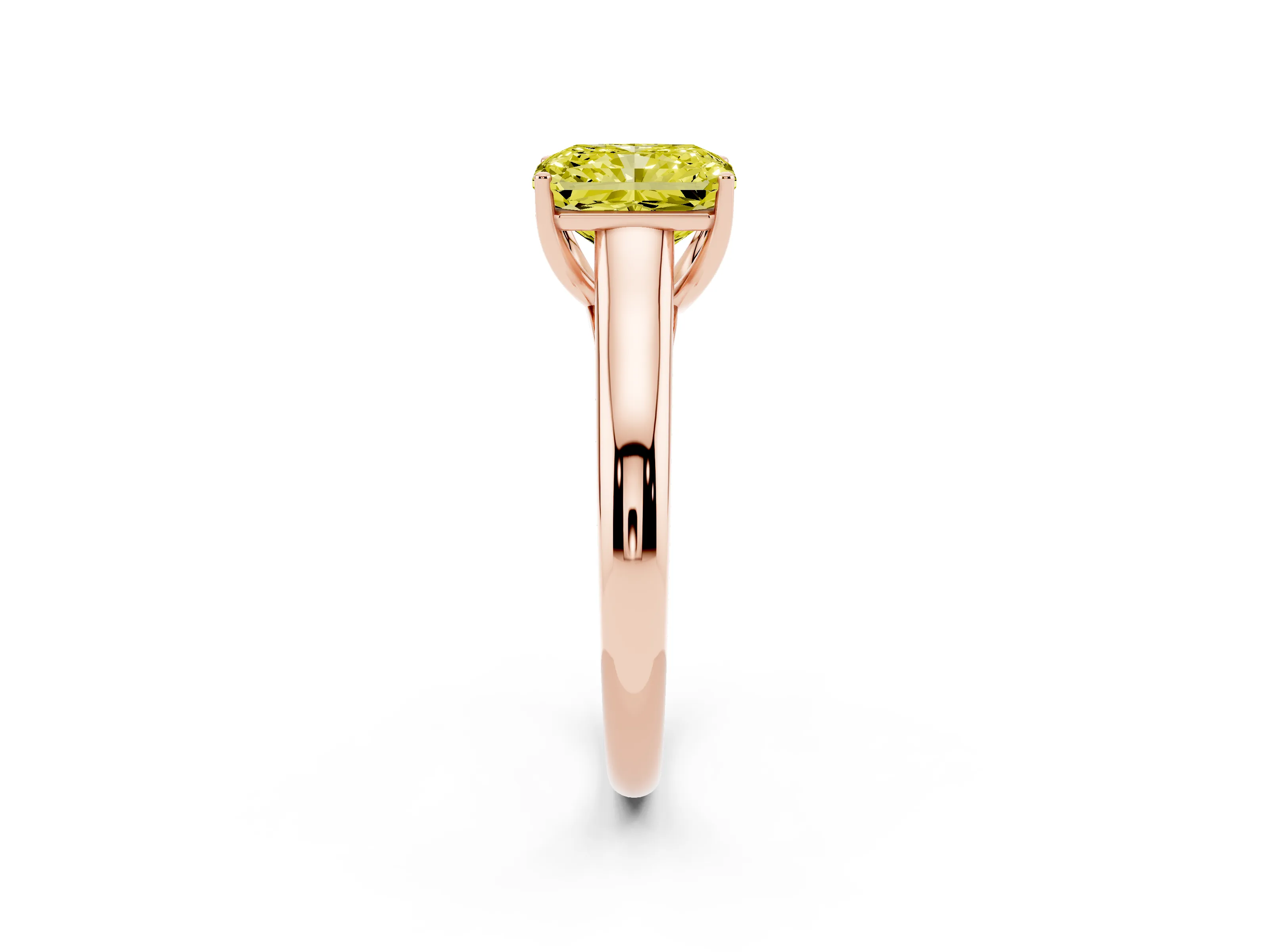 Fancy Yellow Radiant Cut Diamond Solitaire Engagement Ring Set in Rose gold with Subtly Tapered Band and Prong Setting