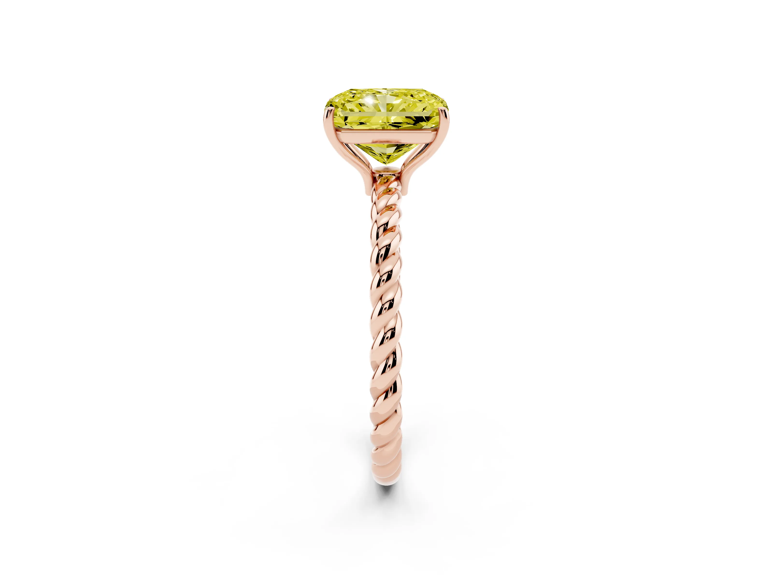 Fancy Yellow Radiant Cut Diamond Solitaire Ring Set in Rose gold with Twist Band and Prong Setting