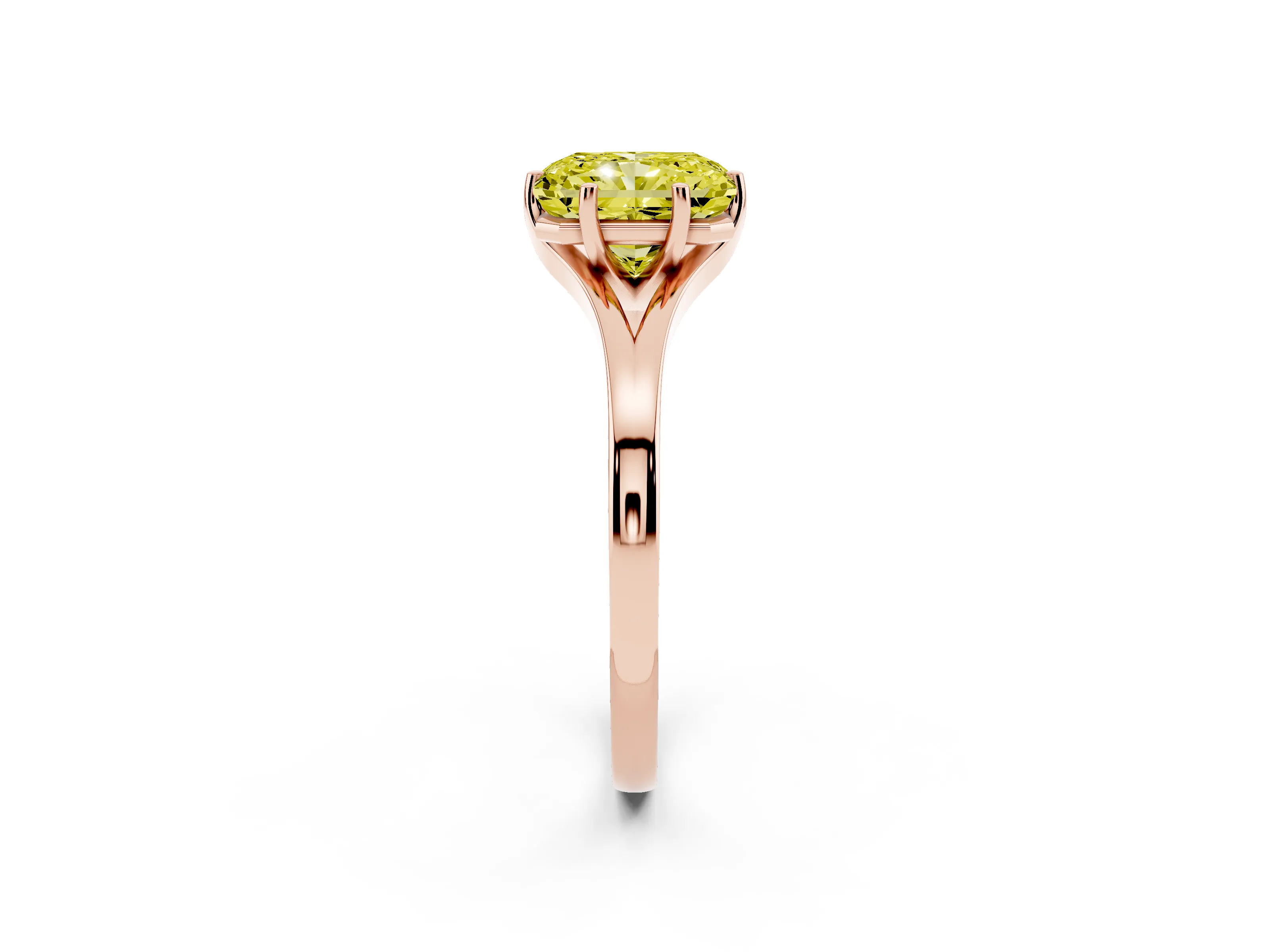 Fancy Yellow Radiant Cut Diamond Solitaire Ring Set in Rose gold with Polished Tapered Band and Prong Setting