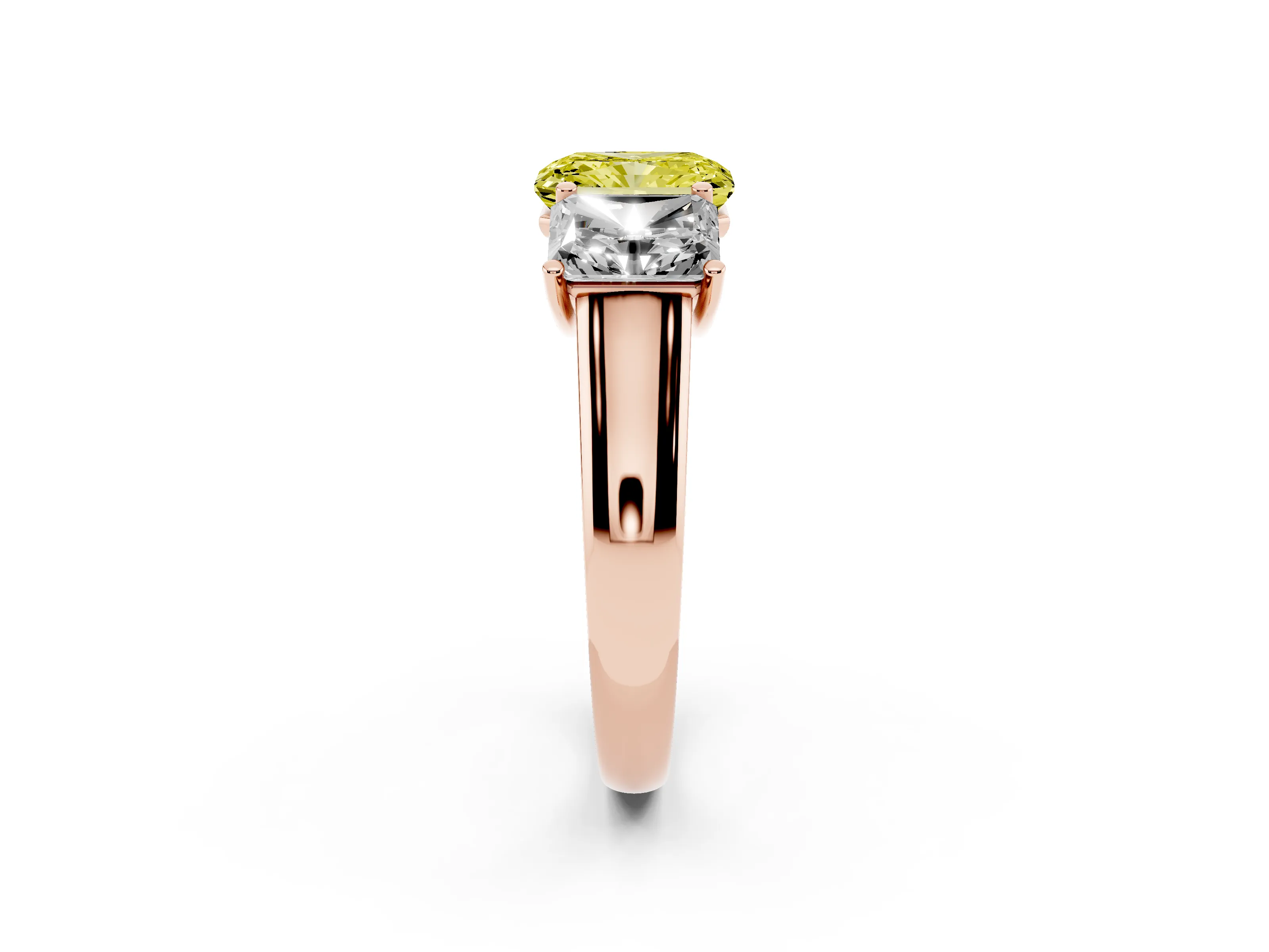 Fancy Yellow Radiant Cut Diamond Three-Stone Ring Set in Rose gold with Plain Polished Band