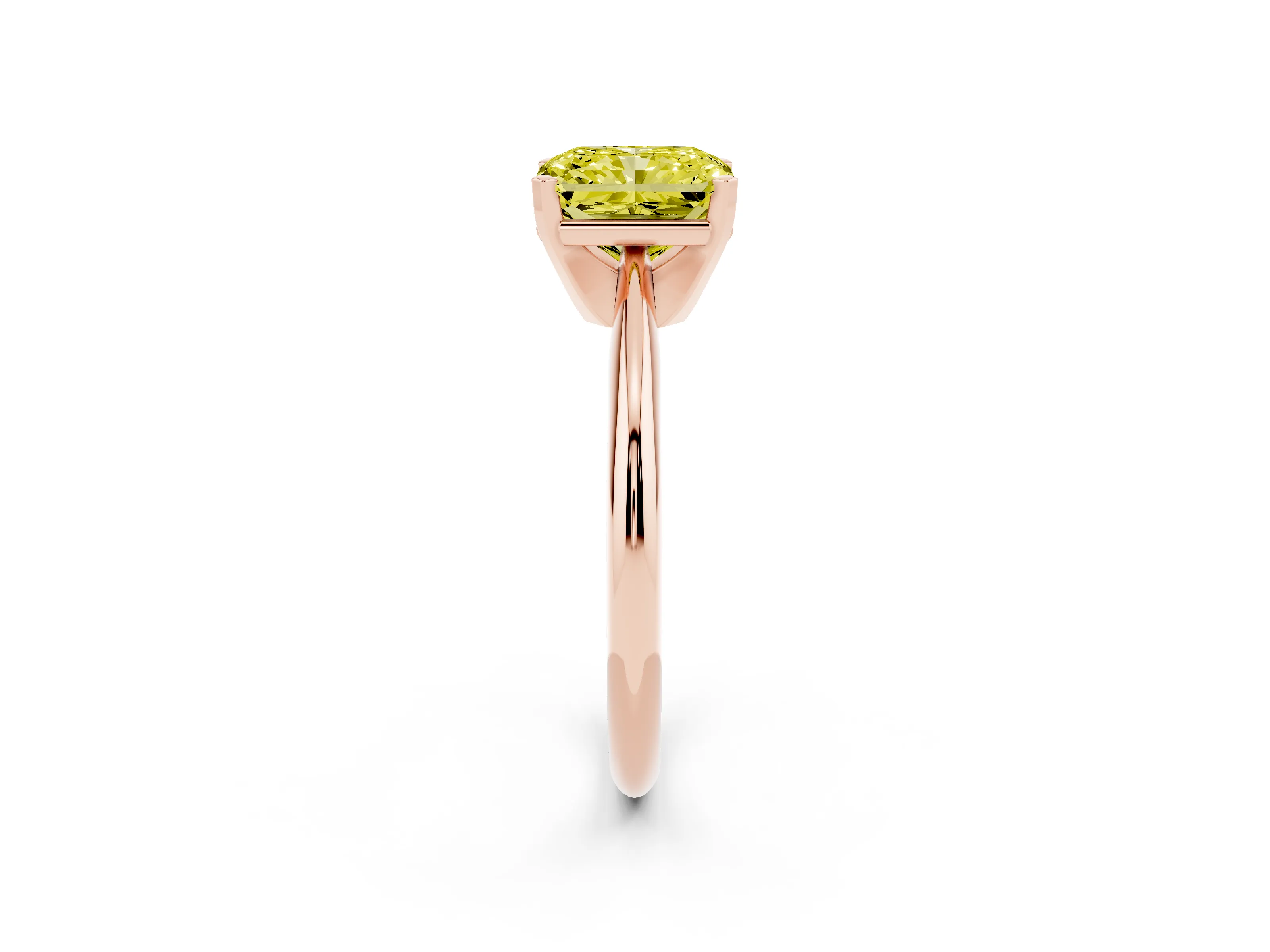 Fancy Yellow Radiant Cut Diamond Solitaire Ring Set in Rose gold with Prong Setting on a Plain Round Band