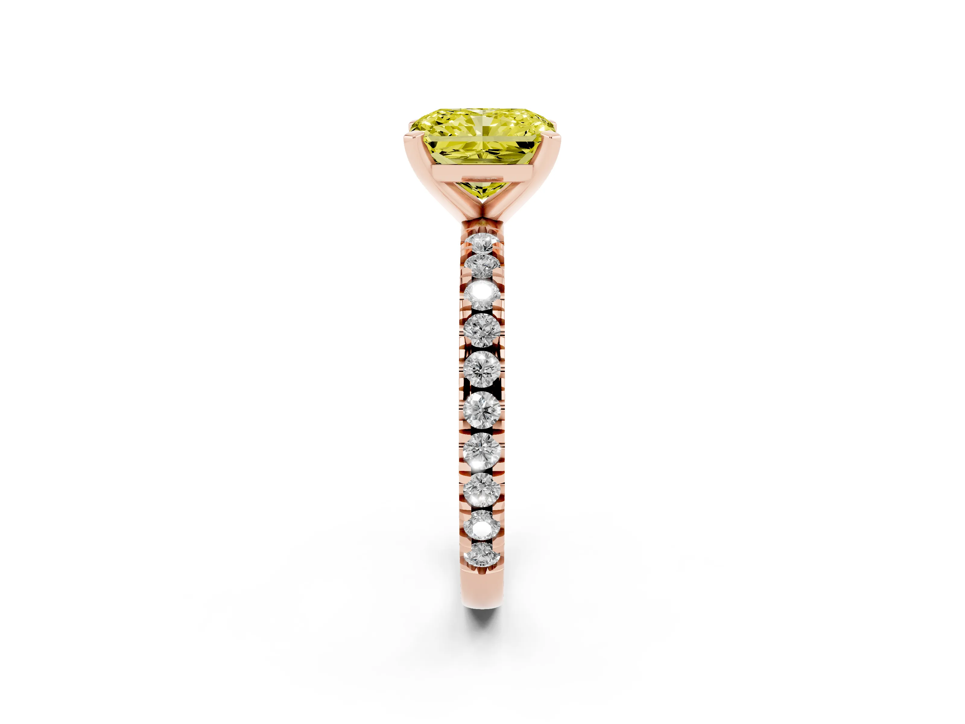 Fancy Yellow Radiant Cut Diamond Pavé Band Solitaire Set in Rose gold with Prong Setting