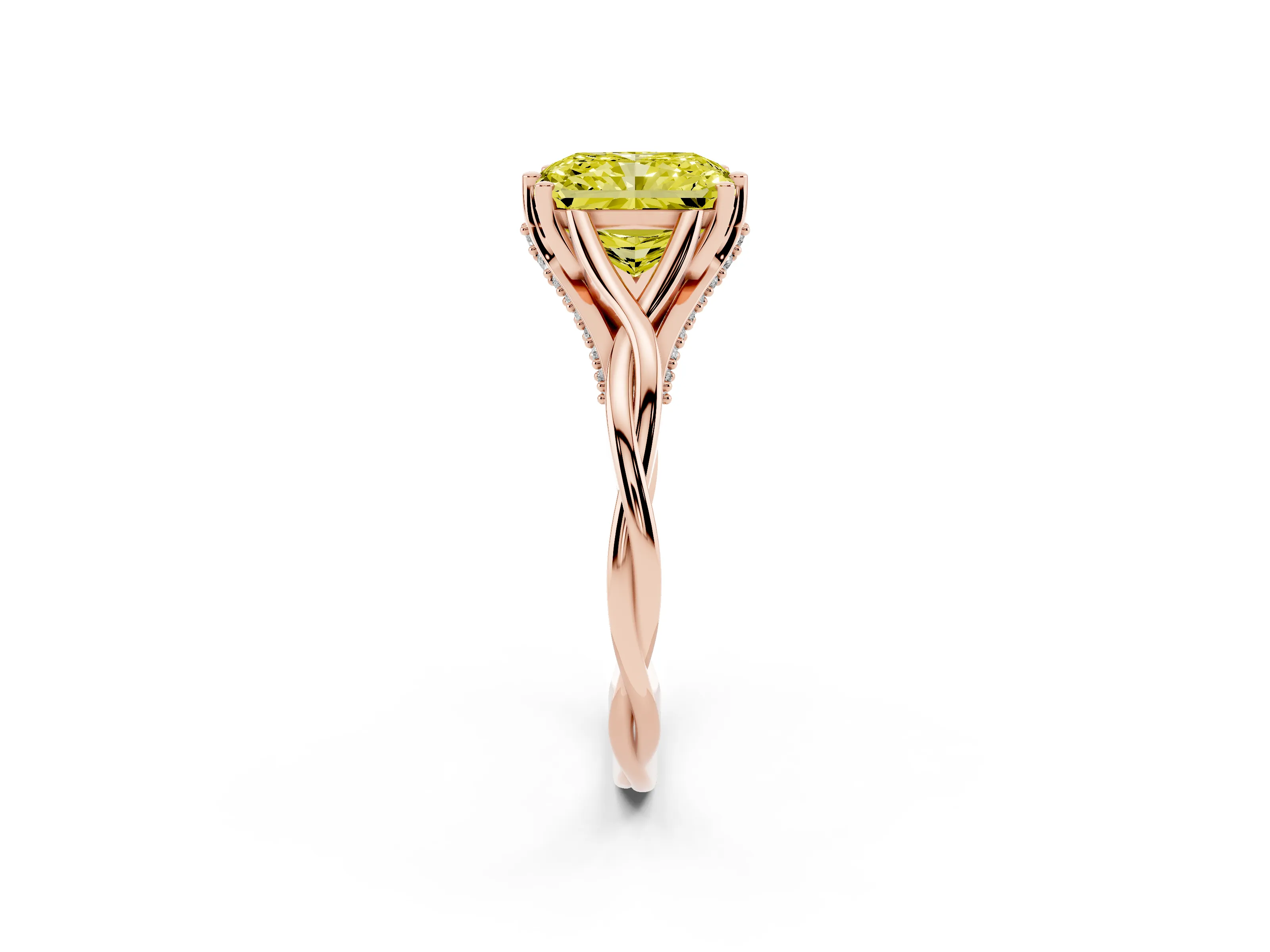 Fancy Yellow Radiant Cut Diamond Intertwined Twist Band Solitaire Ring Set in Rose gold with Prong Setting