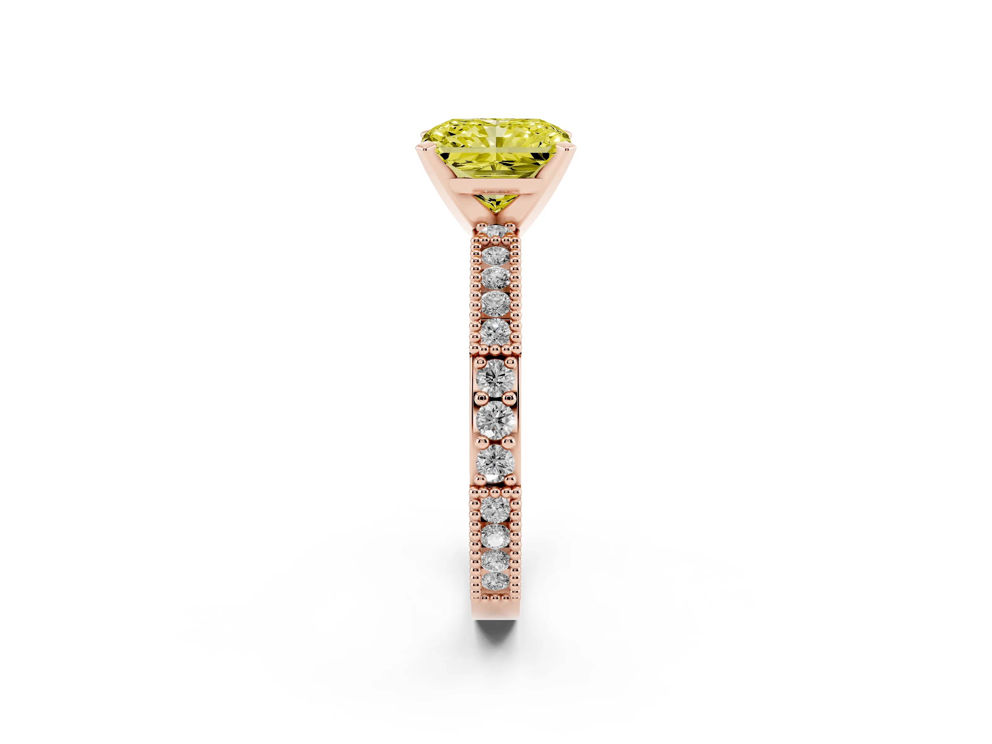 Fancy Yellow Radiant Cut Diamond Solitaire Ring Set in Rose gold with Slim Pavé Band and Prong Setting