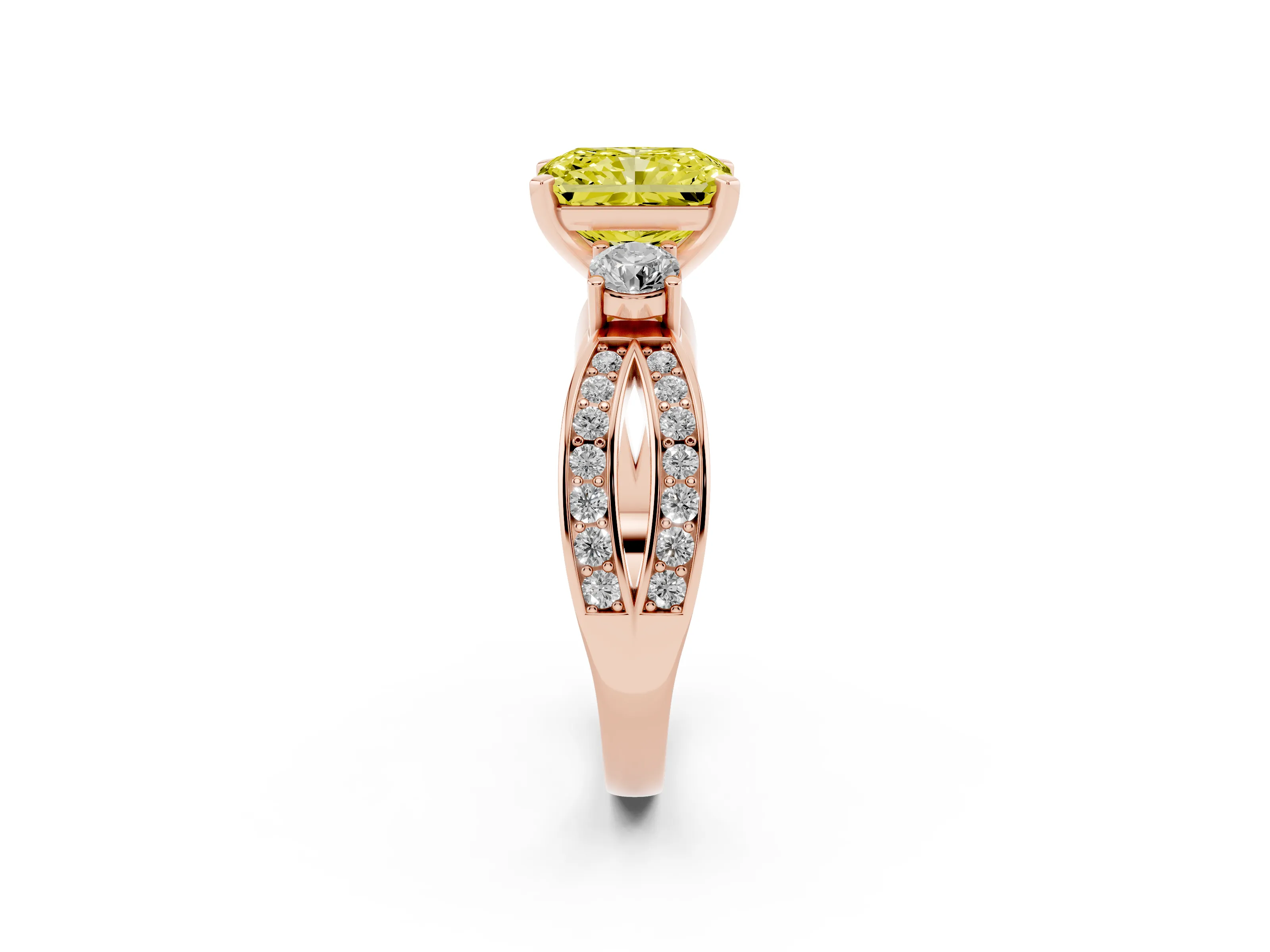 Fancy Yellow Three-Stone Radiant Cut Diamond Twist Band Ring Set in Rose gold with Pavé Accents and Prong Setting
