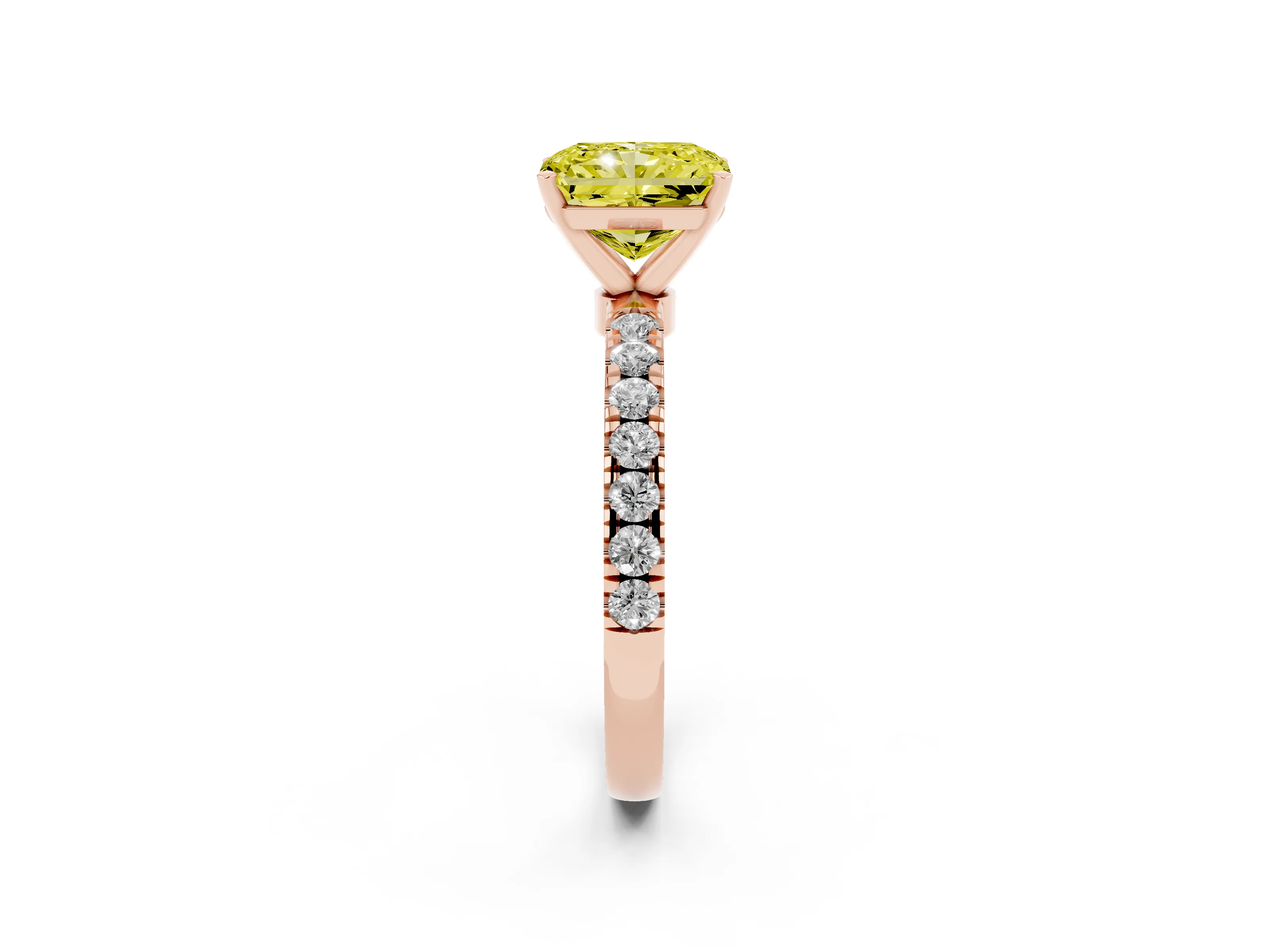 Fancy Yellow Radiant Cut Diamond Solitaire Ring Set in Rose gold with Pavé Accents and Prong Setting