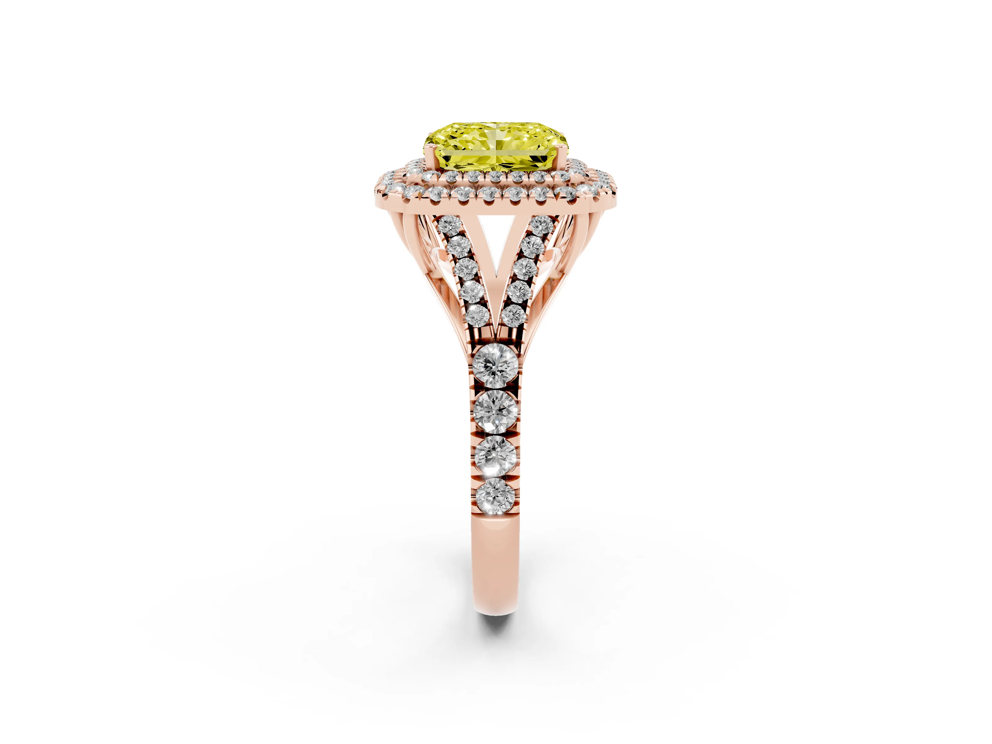 Fancy Yellow Radiant Cut Diamond Pavé Split Shank Double Halo Engagement Ring Set in Rose gold