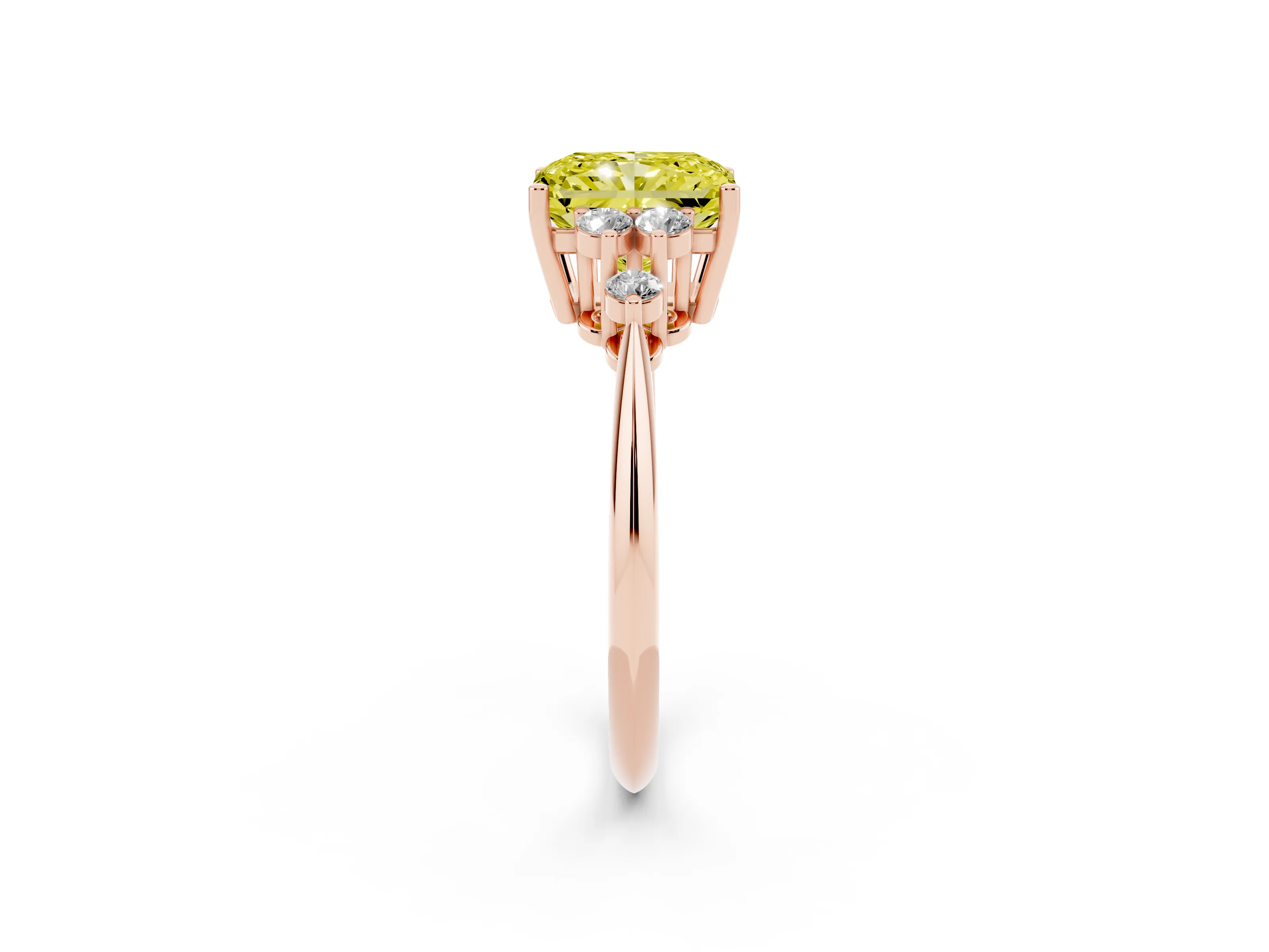 Fancy Yellow Radiant Cut Diamond Cluster Ring Set in Rose gold with Plain Band and Prong Setting