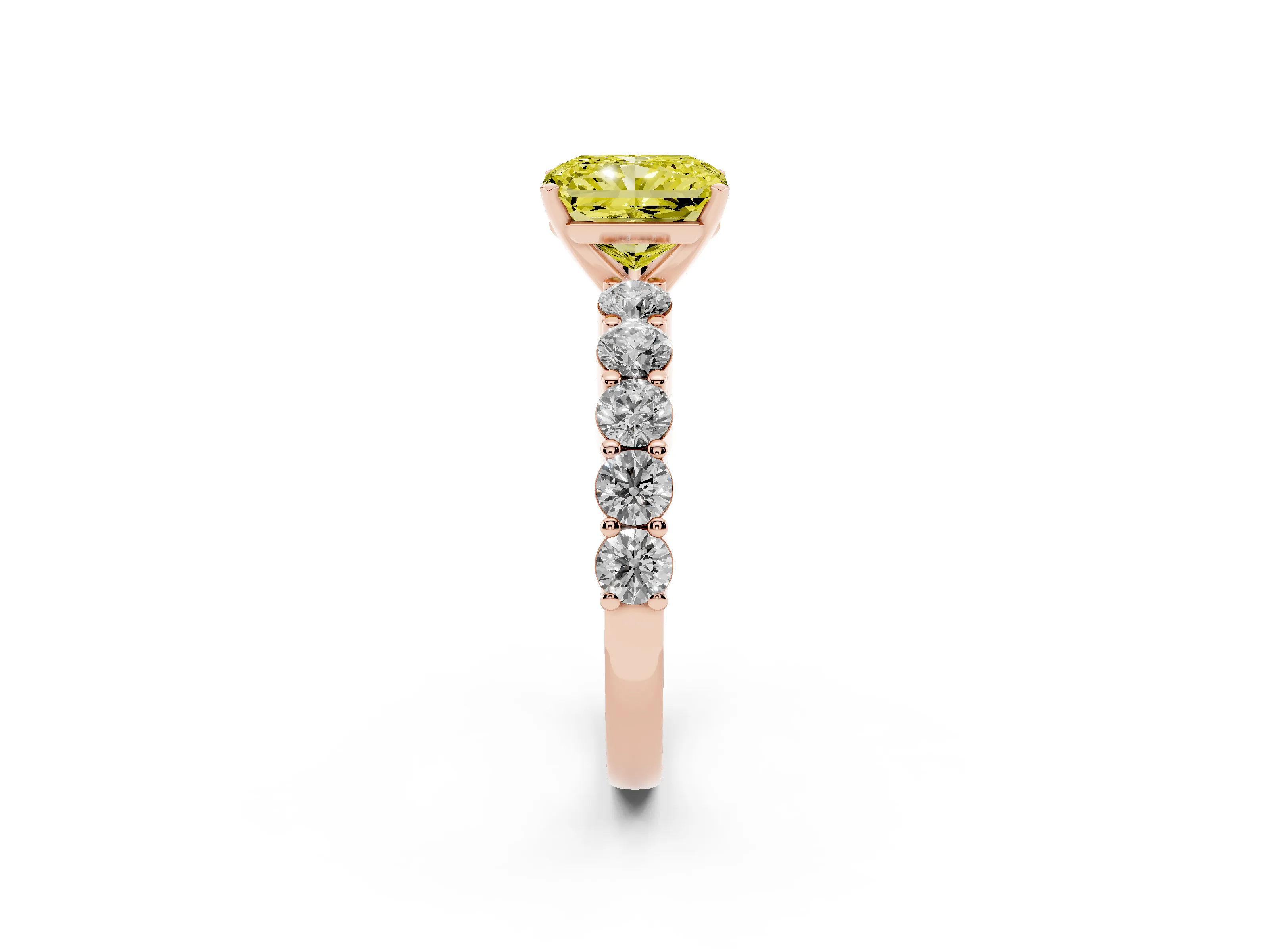 Fancy Yellow Radiant Cut Diamond Solitaire Ring Set in Rose gold with Shared Prong Round Side Stones