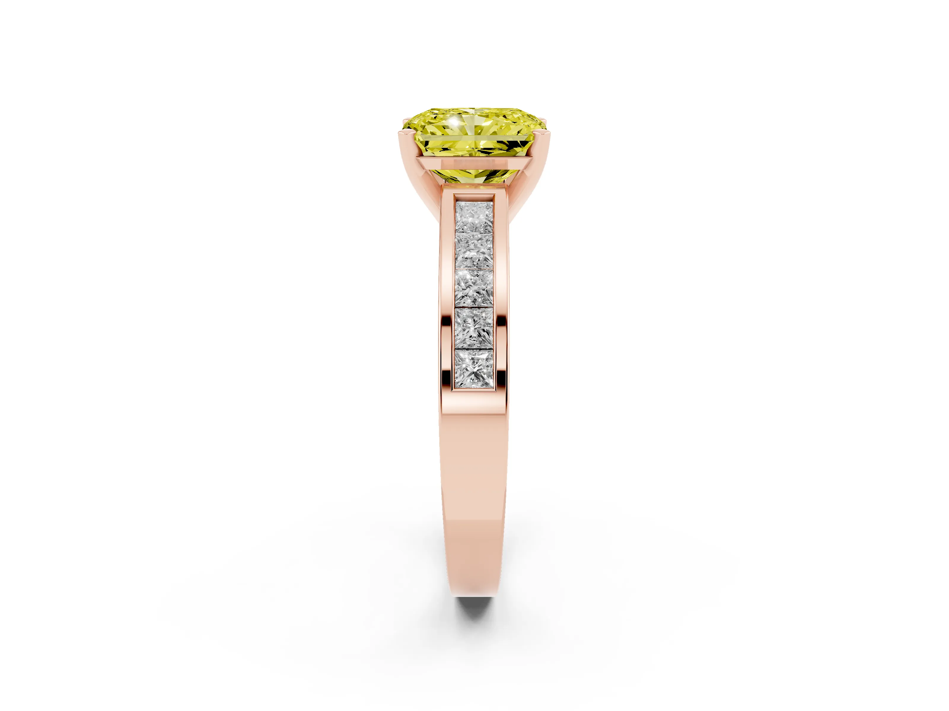 Fancy Yellow Radiant Cut Diamond Solitaire Ring Set in Rose gold with Channel-Set Band and Prong Setting
