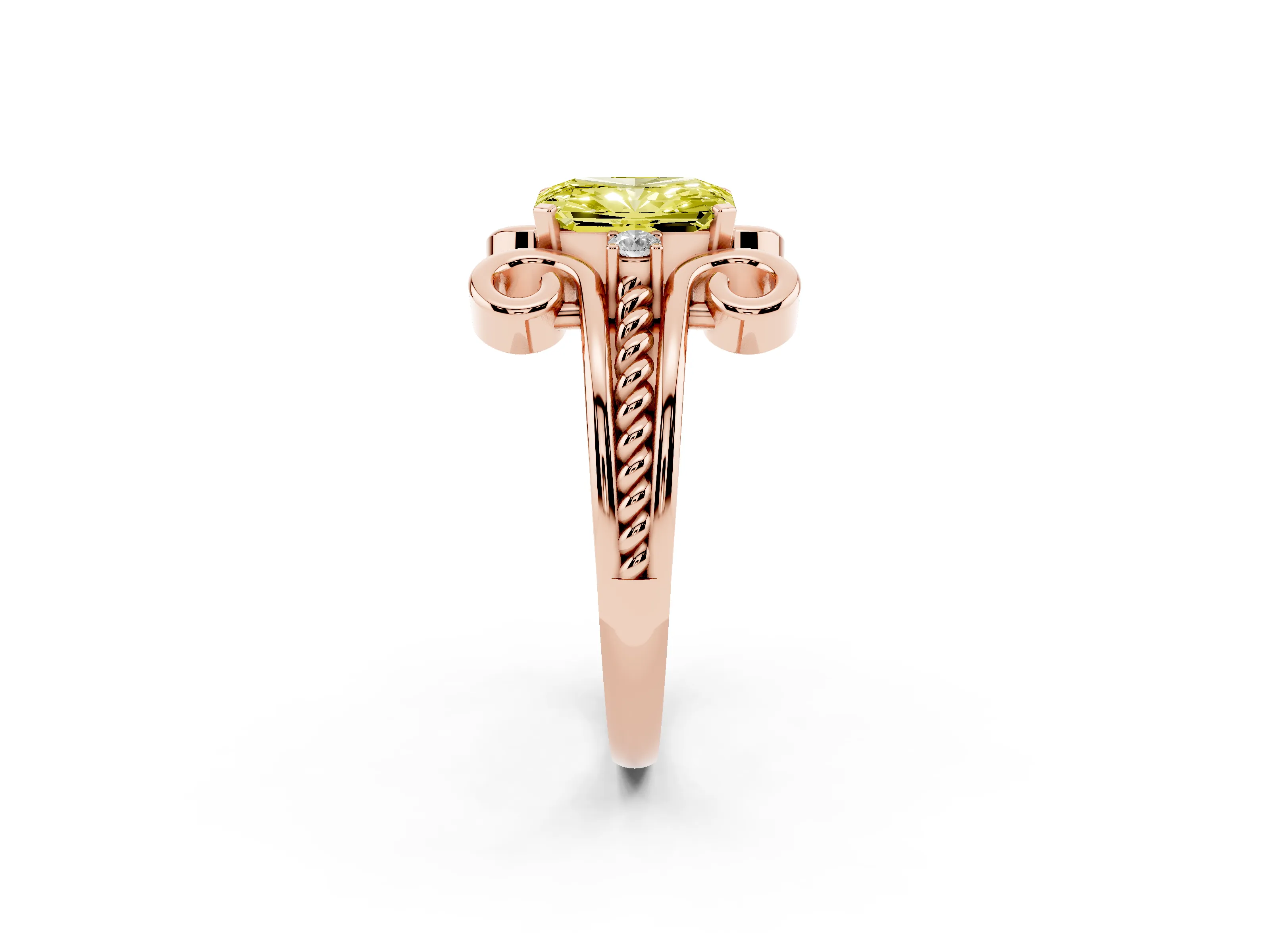 Fancy Yellow Radiant Cut Diamond Twisted Band Solitaire Ring Set in Rose gold with Scroll Prongs